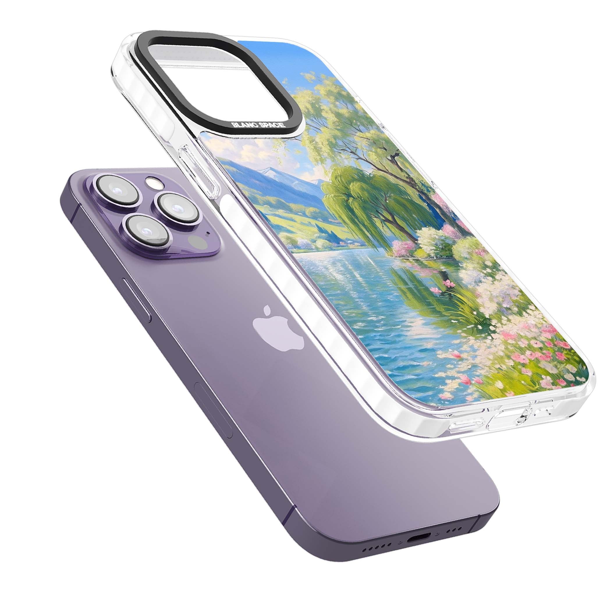 Willow Lake cottagecore iPhone case featuring a painted lakeside with weeping willow, blossoms and distant mountains | Clear Impact case for iPhone 13 Pro, iPhone 14 Pro, iPhone 15 Pro