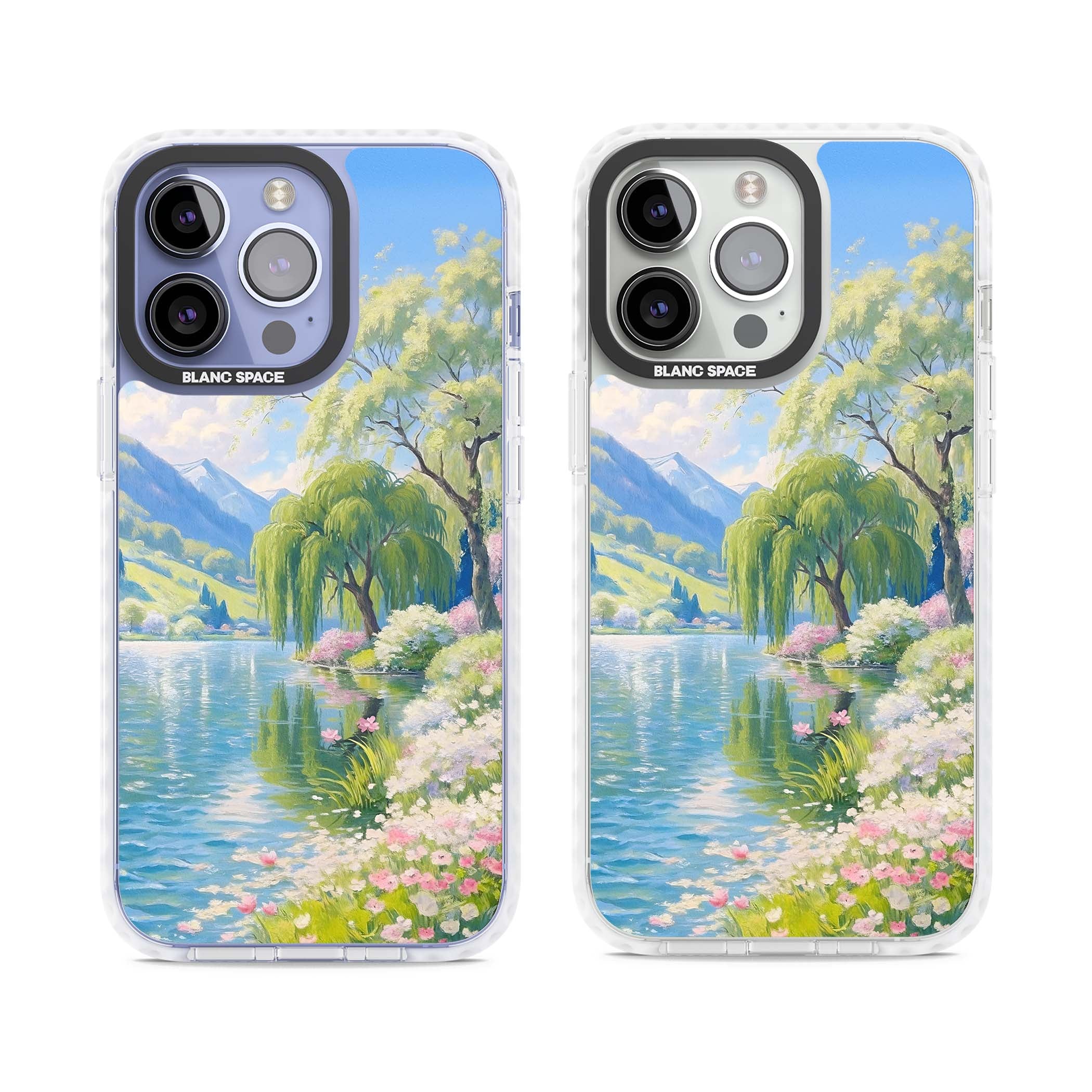 Willow Lake cottagecore iPhone case featuring a painted lakeside with weeping willow, blossoms and distant mountains | Clear Impact case for iPhone 13 Pro, iPhone 14 Pro, iPhone 15 Pro