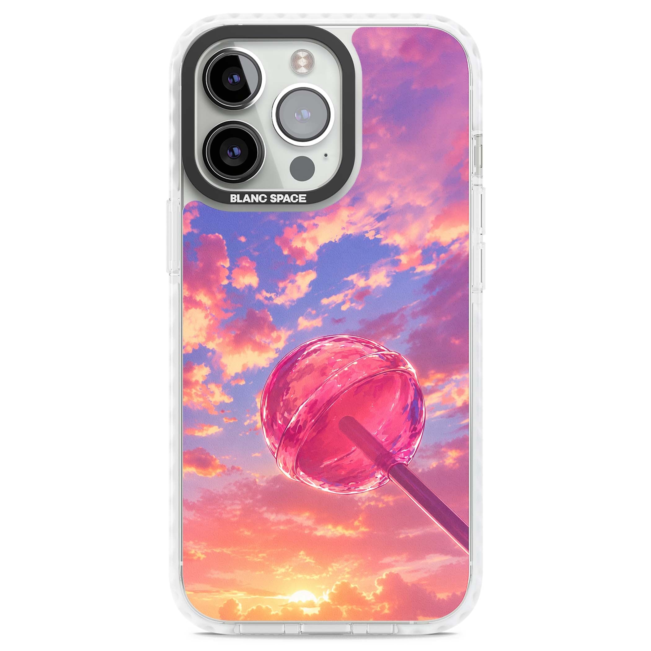 Sugar Sunset candy aesthetic iPhone case featuring a pink lollipop, pastel sunset sky and dreamy clouds | Clear Impact case for iPhone 13 Pro, iPhone 14 Pro, iPhone 15 Pro