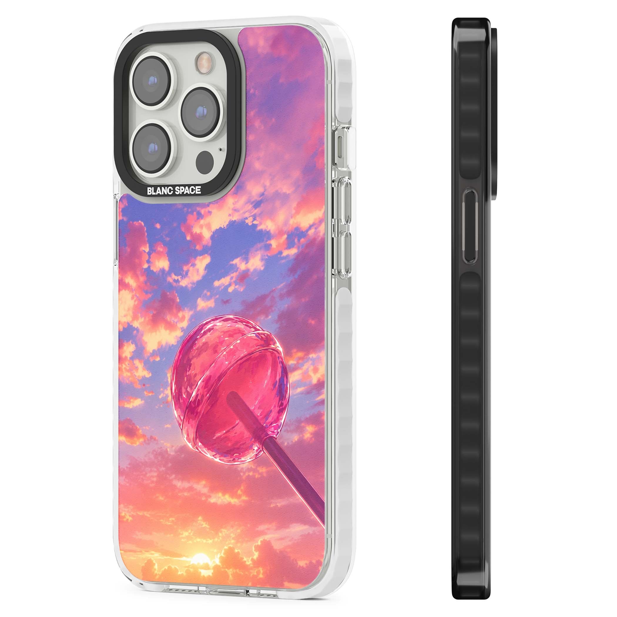 Sugar Sunset candy aesthetic iPhone case featuring a pink lollipop, pastel sunset sky and dreamy clouds | Clear Impact case for iPhone 13 Pro, iPhone 14 Pro, iPhone 15 Pro