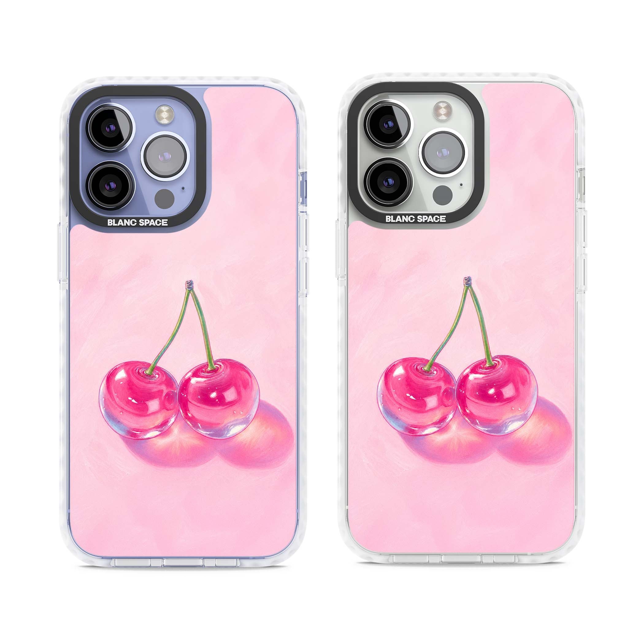 Pink Glass Cherry coquette iPhone case featuring two glossy painted cherries on a soft pink background | Clear Impact case for iPhone 13 Pro, iPhone 14 Pro, iPhone 15 Pro