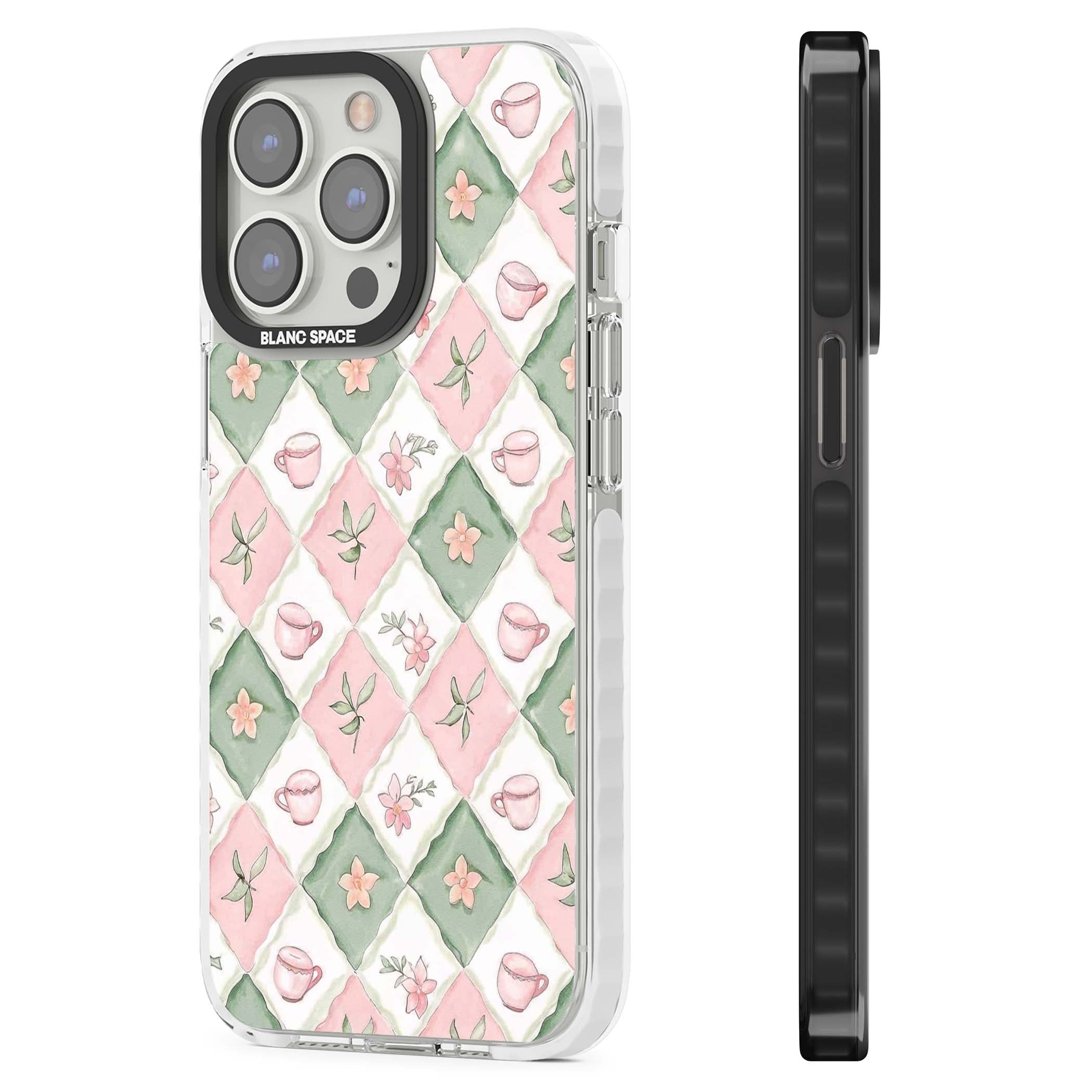 Garden Tea Party coquette iPhone case with pink and green checkered pattern, watercolour teacups and wildflowers | Clear Impact case for iPhone 13 Pro, iPhone 14 Pro, iPhone 15 Pro