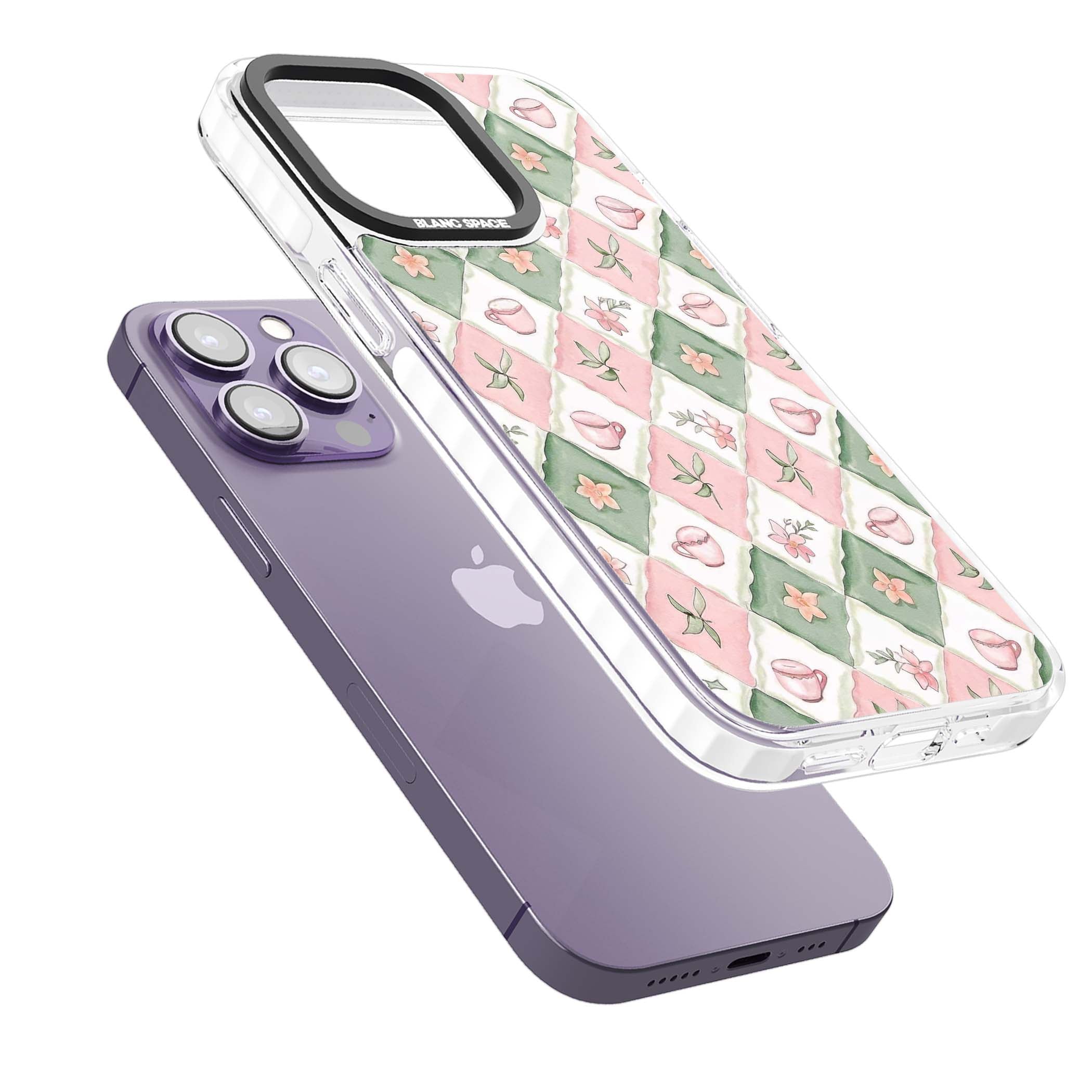 Garden Tea Party coquette iPhone case with pink and green checkered pattern, watercolour teacups and wildflowers | Clear Impact case for iPhone 13 Pro, iPhone 14 Pro, iPhone 15 Pro
