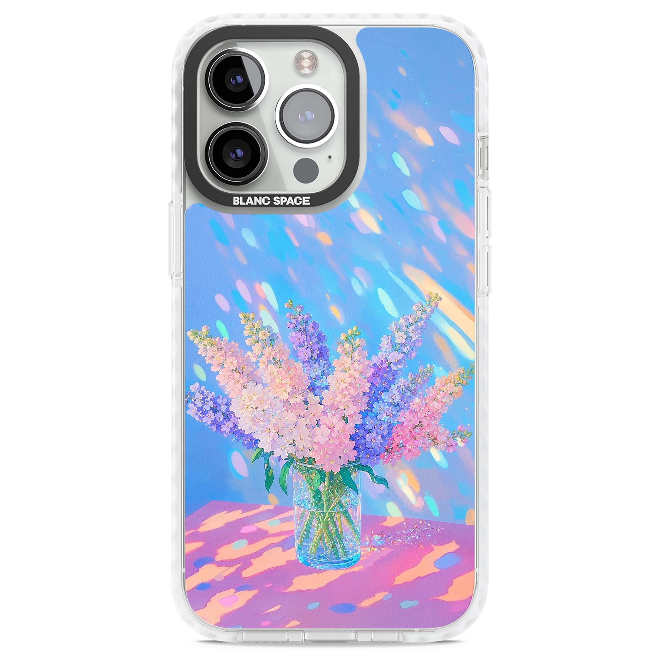 Bubblegum Flowers floral iPhone case featuring pastel lilac and pink bouquet in a glass vase with iridescent light | Clear Impact case for iPhone 13 Pro, iPhone 14 Pro, iPhone 15 Pro