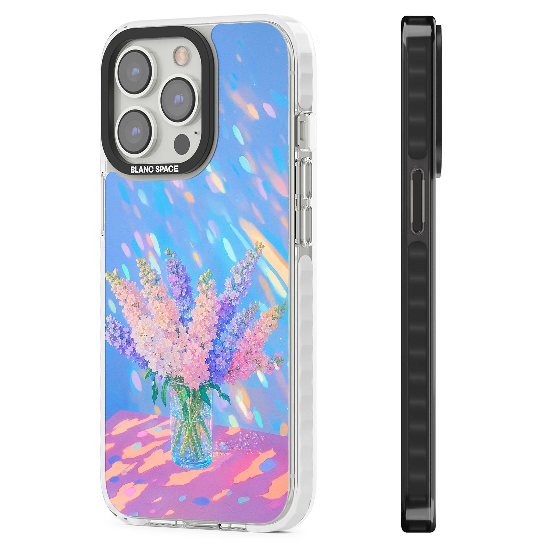 Bubblegum Flowers floral iPhone case featuring pastel lilac and pink bouquet in a glass vase with iridescent light | Clear Impact case for iPhone 13 Pro, iPhone 14 Pro, iPhone 15 Pro