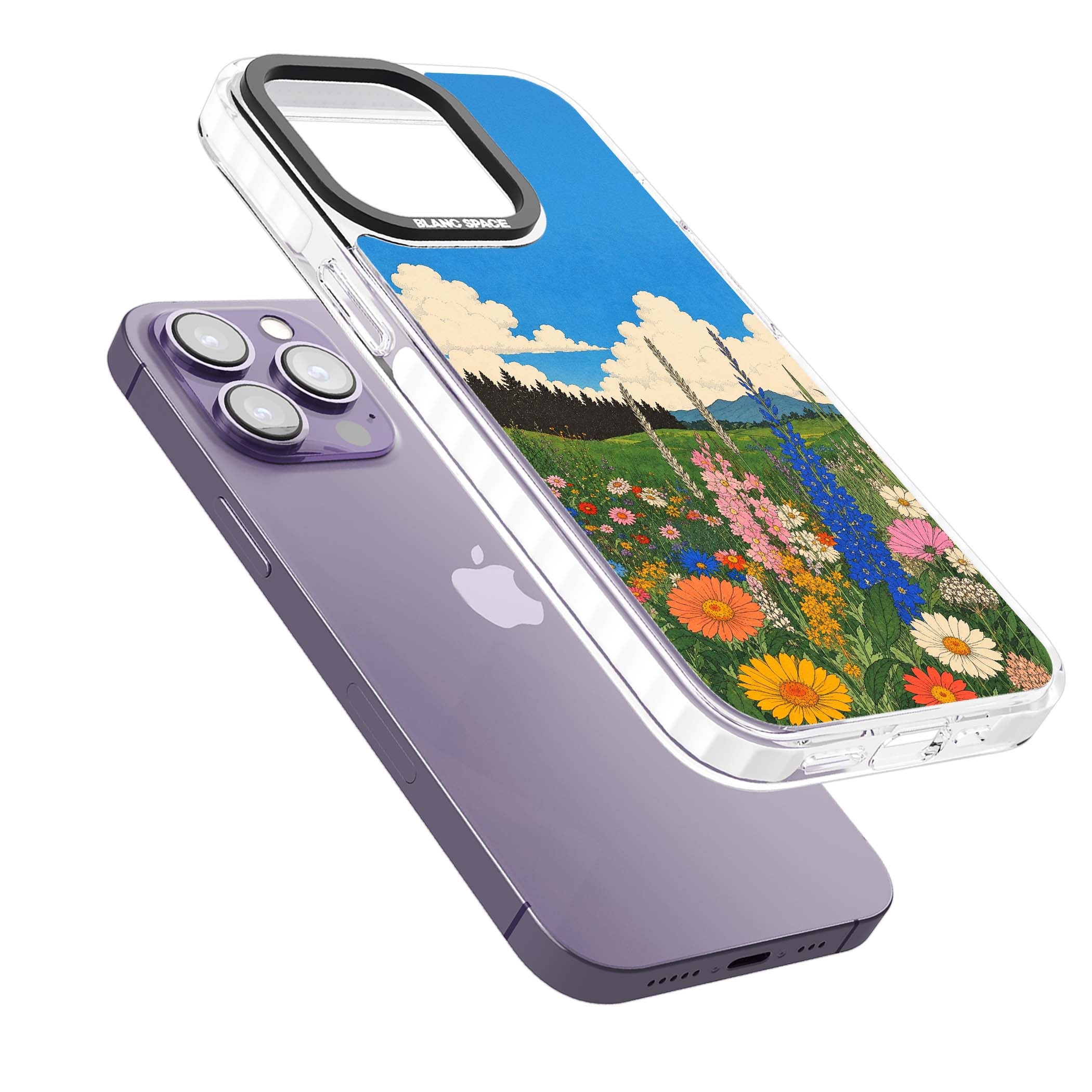 Wildbloom wildflower iPhone case featuring a vintage Japanese-style meadow landscape with daisies, delphiniums and moun | Clear Impact case for iPhone 13 Pro, iPhone 14 Pro, iPhone 15 Pro