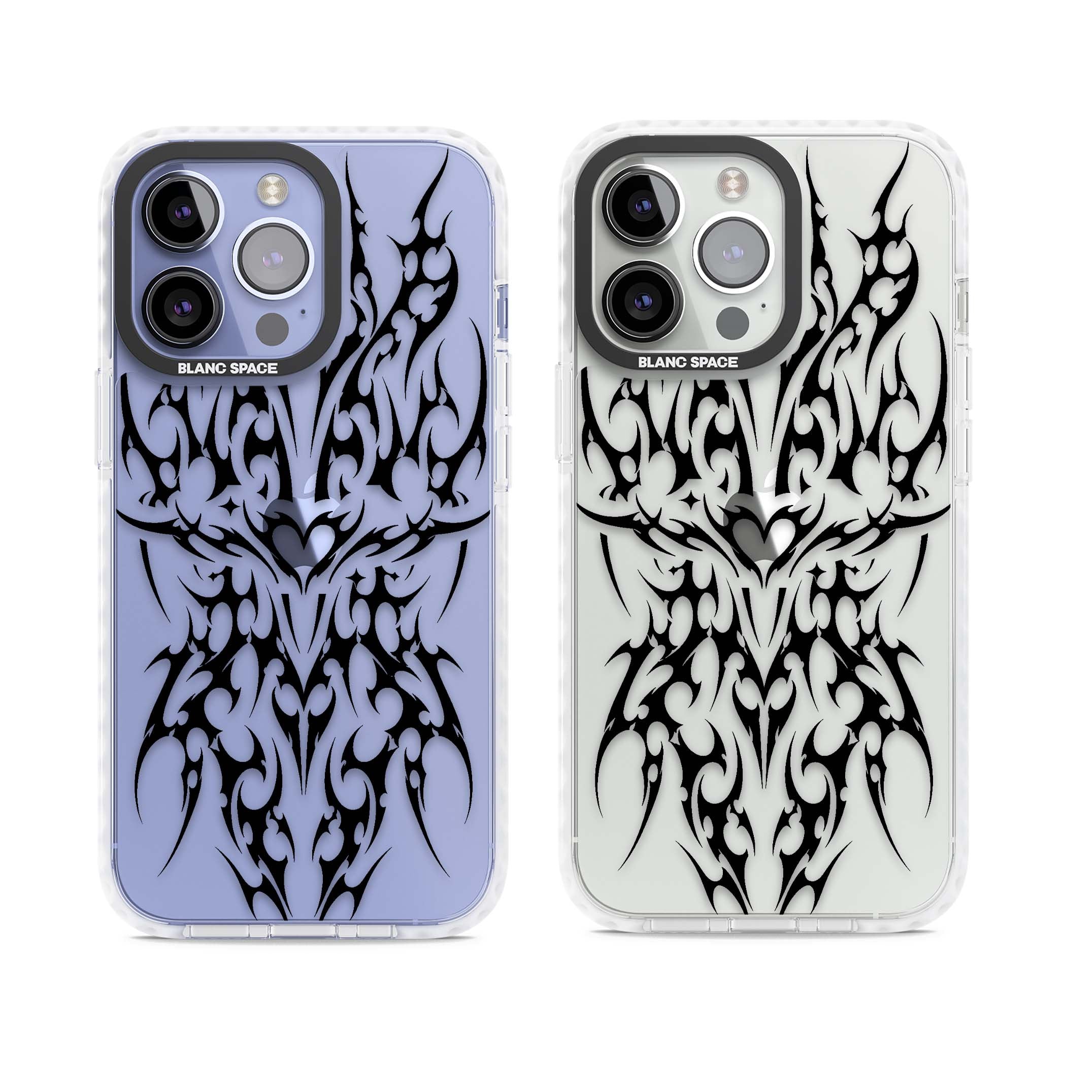 Neo Tribal Heart gothic iPhone case featuring symmetrical black tribal tattoo art with sharp thorn-like linework | Clear Impact case for iPhone 13 Pro, iPhone 14 Pro, iPhone 15 Pro