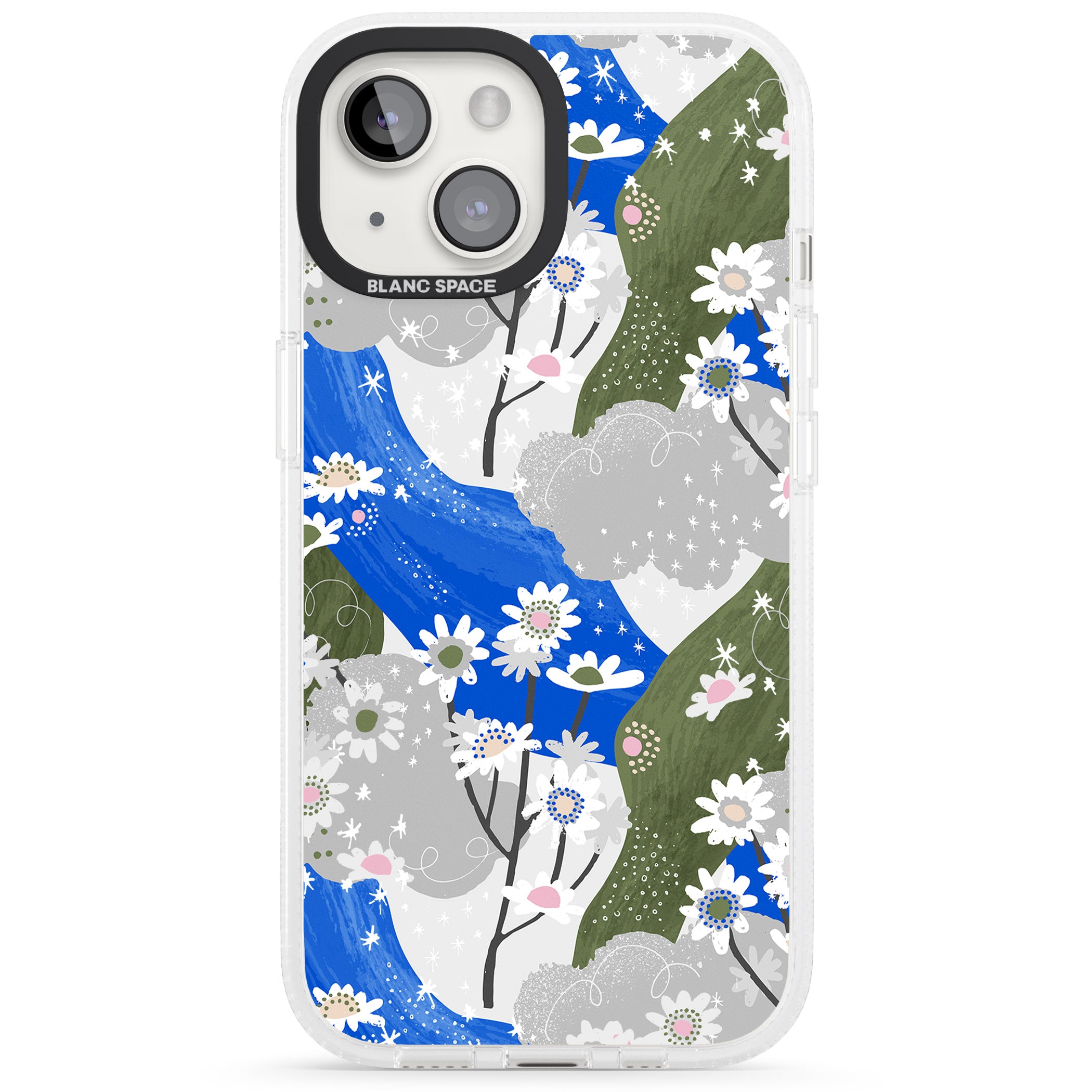 Blue & Grey Daisies Pattern iPhone 15 / 14 / 13 Clear Case Impact Air - Blanc Space