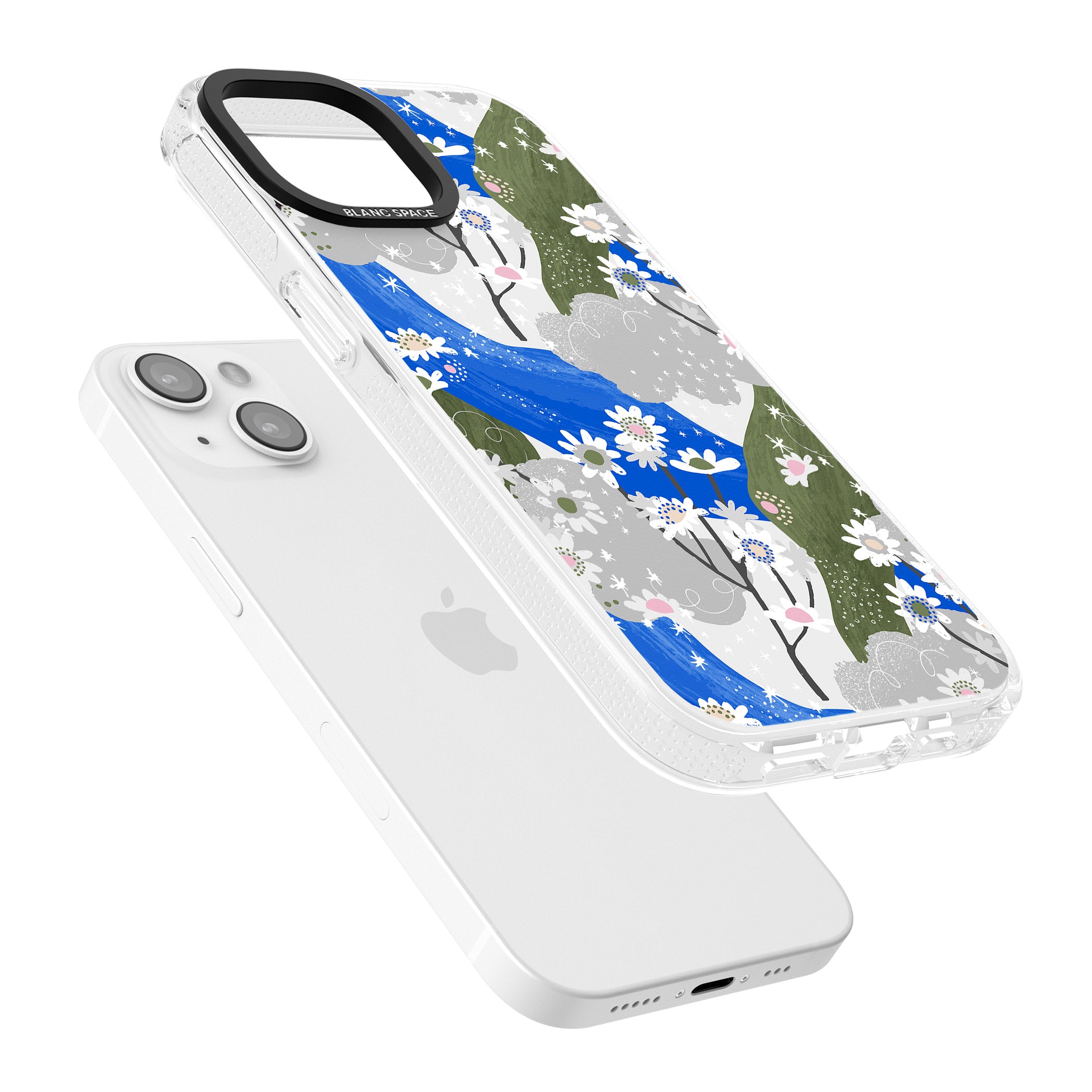 Blue & Grey Daisies Pattern iPhone 15 / 14 / 13 Clear Case Impact Air - Blanc Space