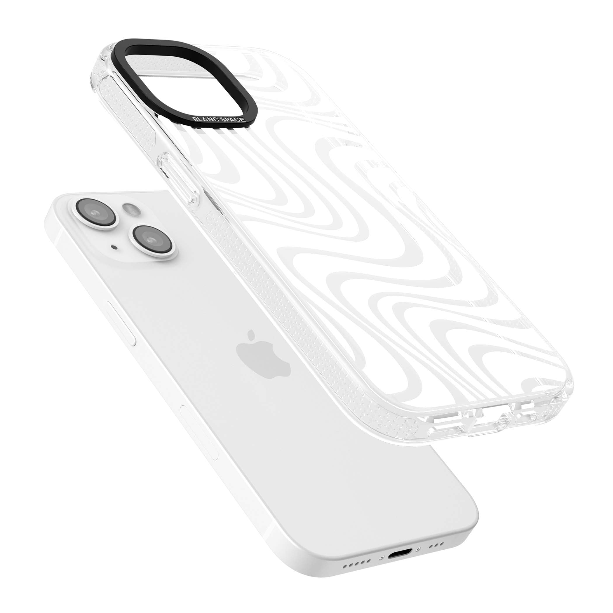 White Abstract Waves abstract iPhone case featuring flowing grey wave pattern on clear background | Clear Case Impact Air case for iPhone 15, iPhone 15 Plus