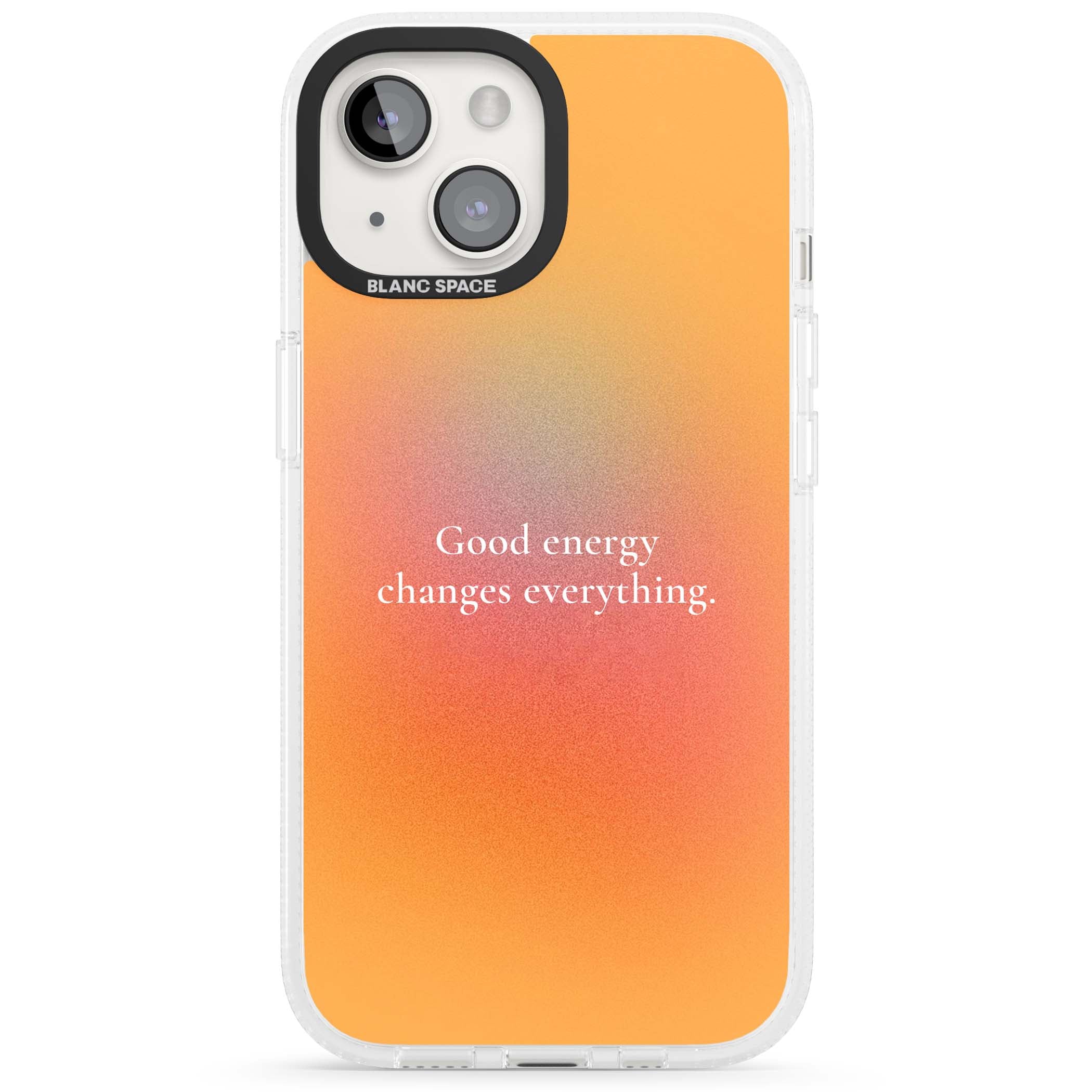Good Energy quote iPhone case featuring an orange and pink aura gradient with white serif affirmation text | Clear Case Impact Air case for iPhone 15, iPhone 15 Plus