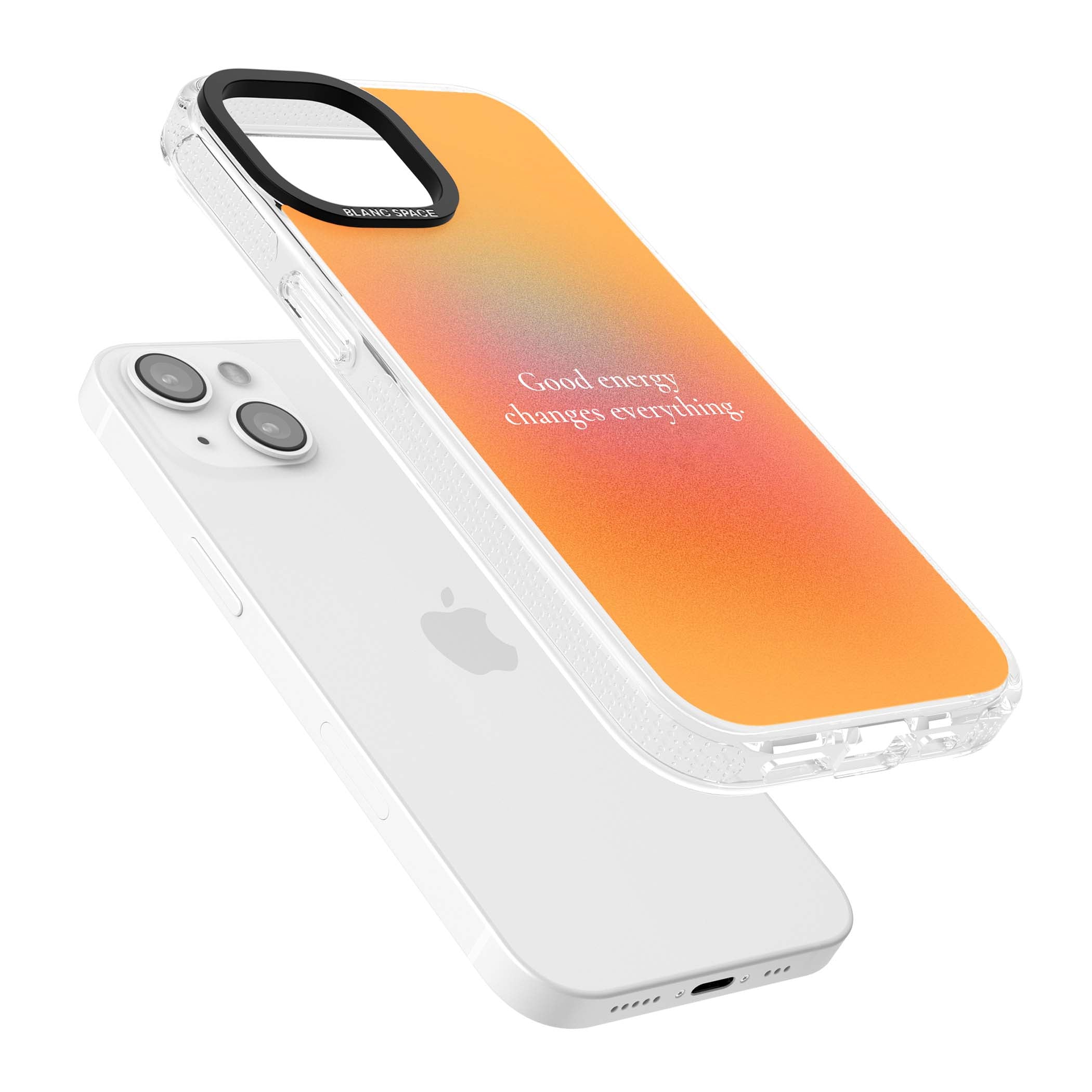 Good Energy quote iPhone case featuring an orange and pink aura gradient with white serif affirmation text | Clear Case Impact Air case for iPhone 15, iPhone 15 Plus