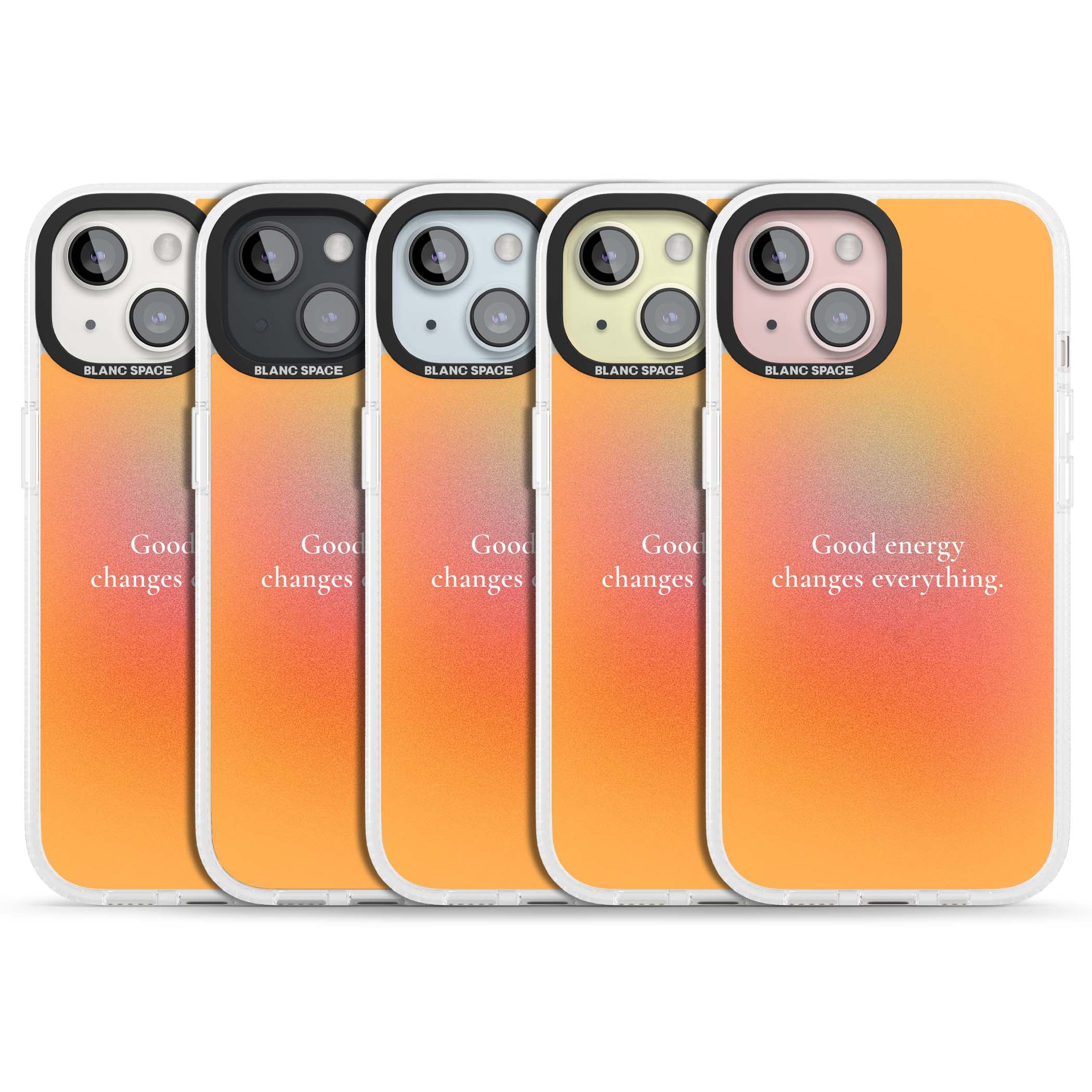Good Energy quote iPhone case featuring an orange and pink aura gradient with white serif affirmation text | Clear Case Impact Air case for iPhone 15, iPhone 15 Plus