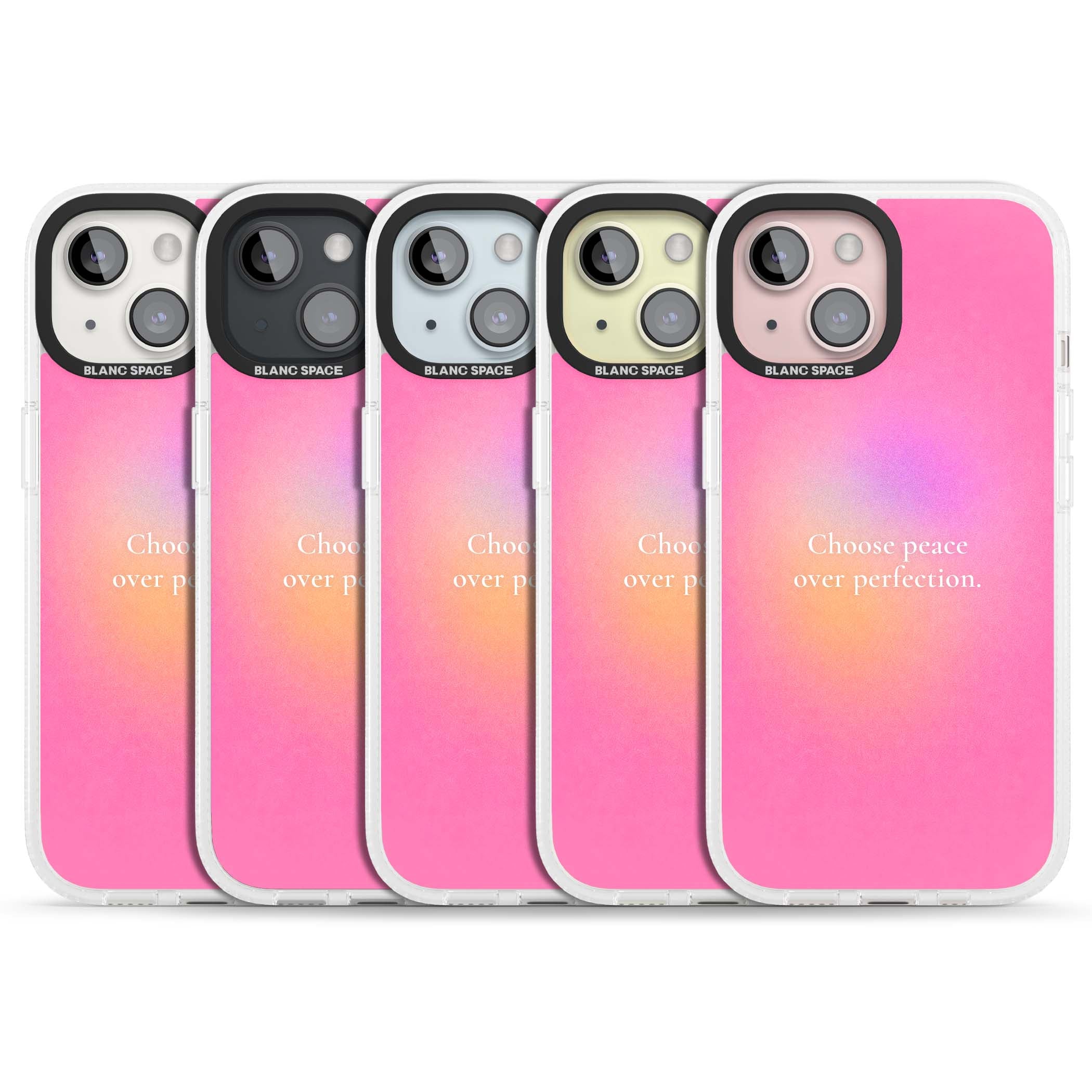 Peace Over Perfection quote iPhone case featuring a dreamy pink aura gradient and delicate white affirmation text | Clear Case Impact Air case for iPhone 15, iPhone 15 Plus