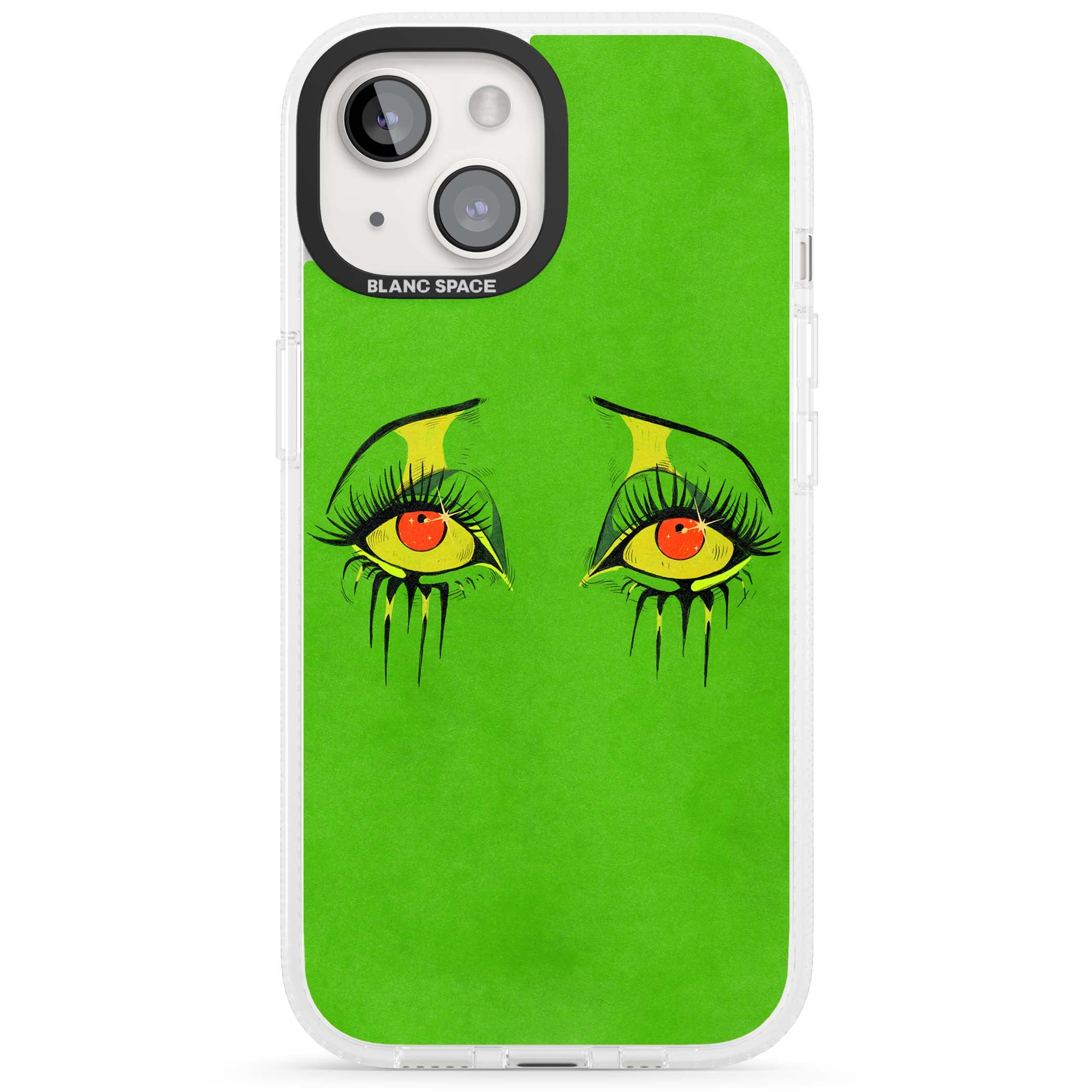 Green Enchanted Eyes psychedelic art iPhone case featuring hand-drawn dripping eyes on neon green background | Clear Case Impact Air case for iPhone 15, iPhone 15 Plus