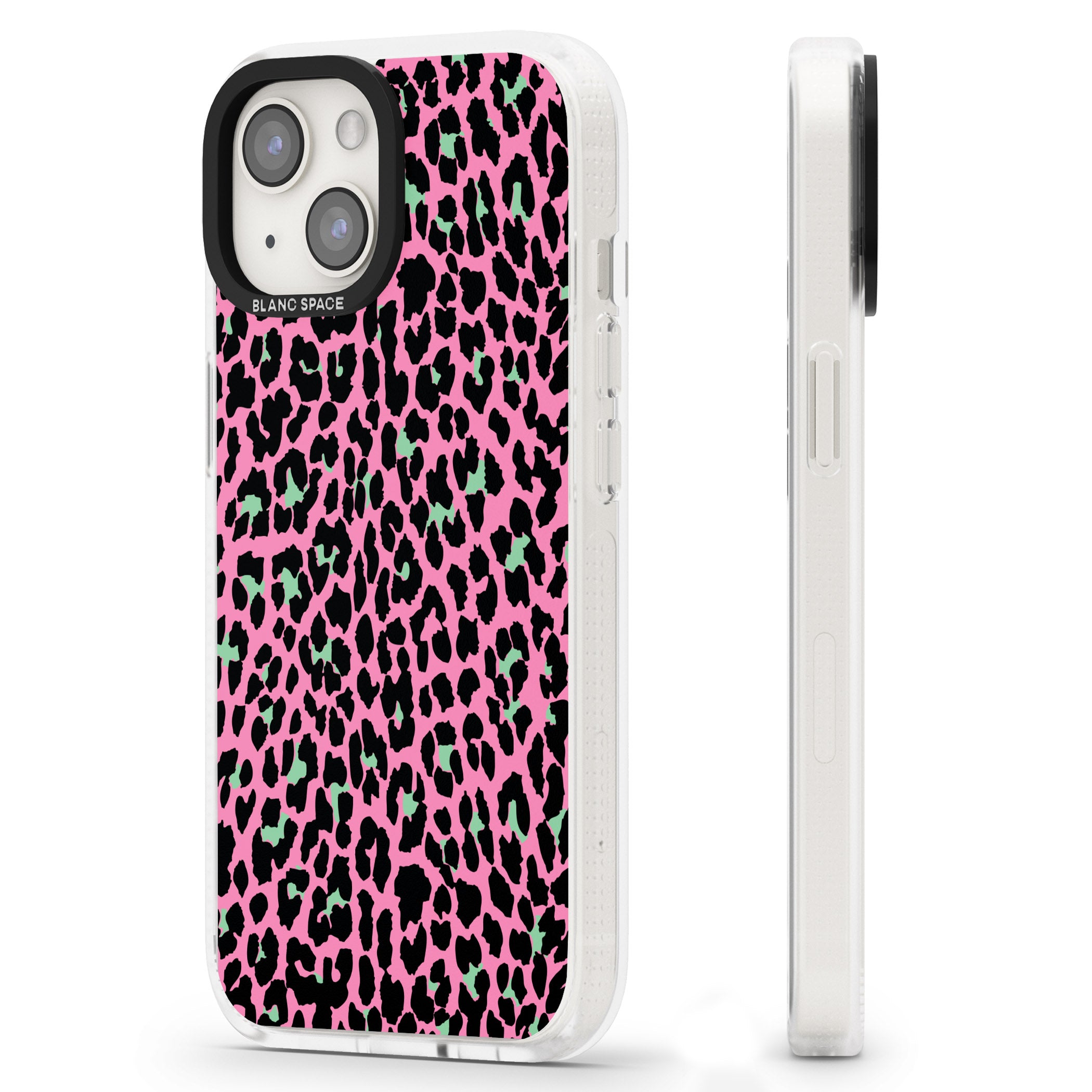 Green on Pink Leopard Print Pattern iPhone 15 / 14 / 13 Clear Case Impact Air - Blanc Space