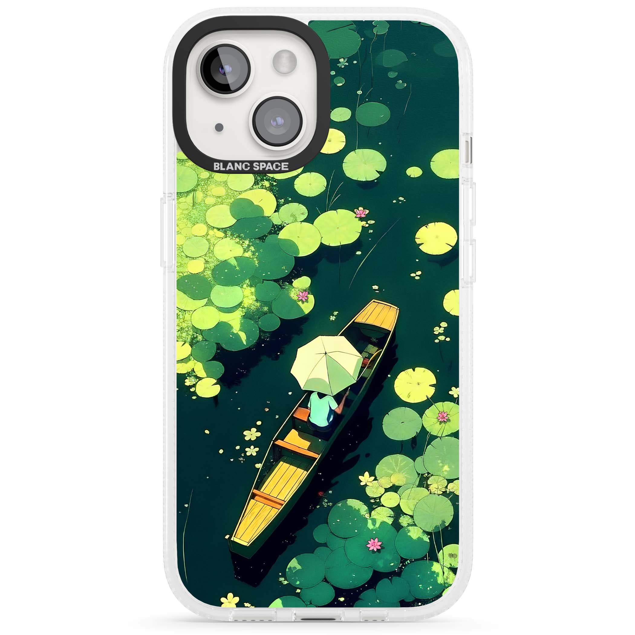 Jade Waters cottagecore iPhone case featuring a painted lily pond, wooden boat with parasol and floating water lilies | Clear Case Impact Air case for iPhone 15, iPhone 15 Plus