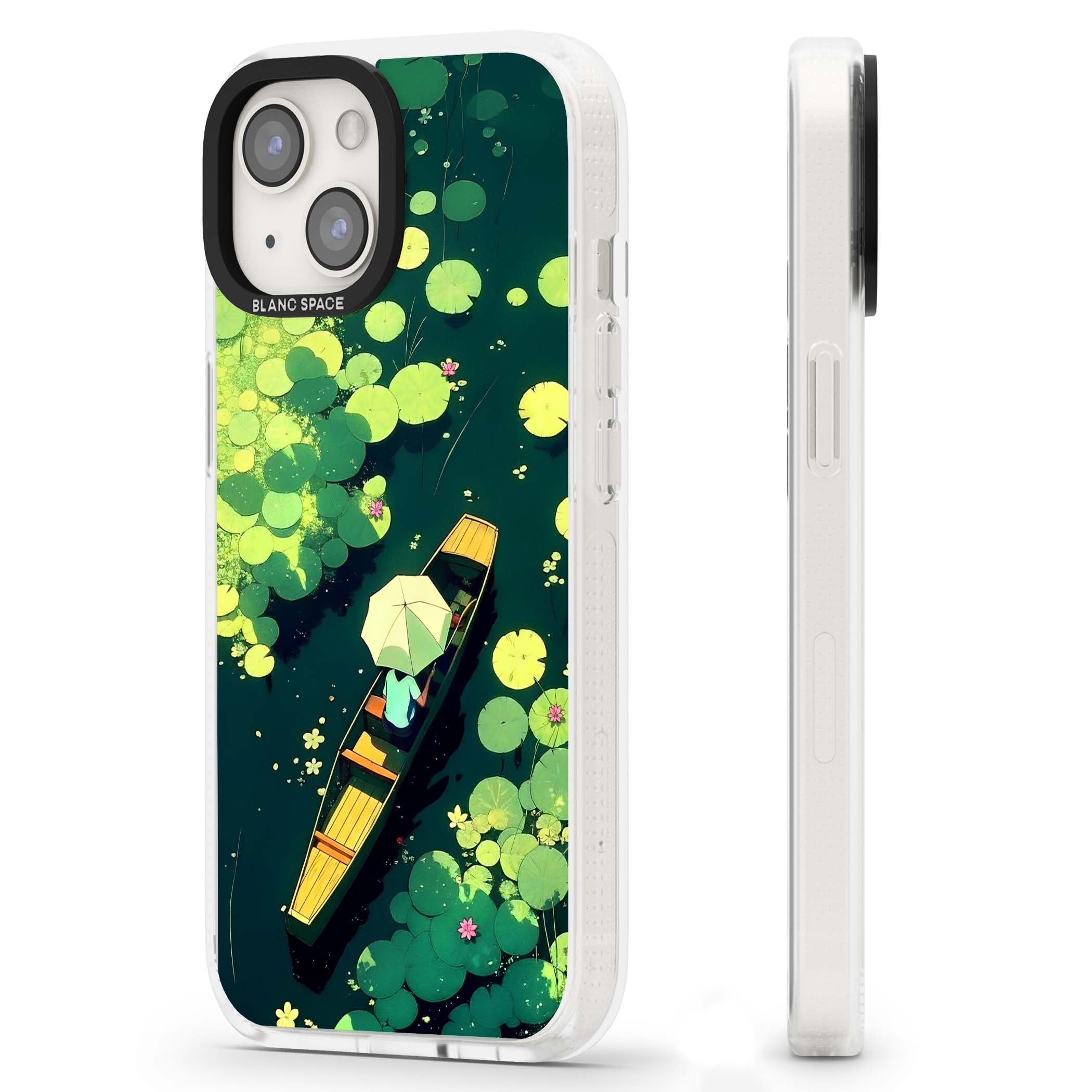 Jade Waters cottagecore iPhone case featuring a painted lily pond, wooden boat with parasol and floating water lilies | Clear Case Impact Air case for iPhone 15, iPhone 15 Plus