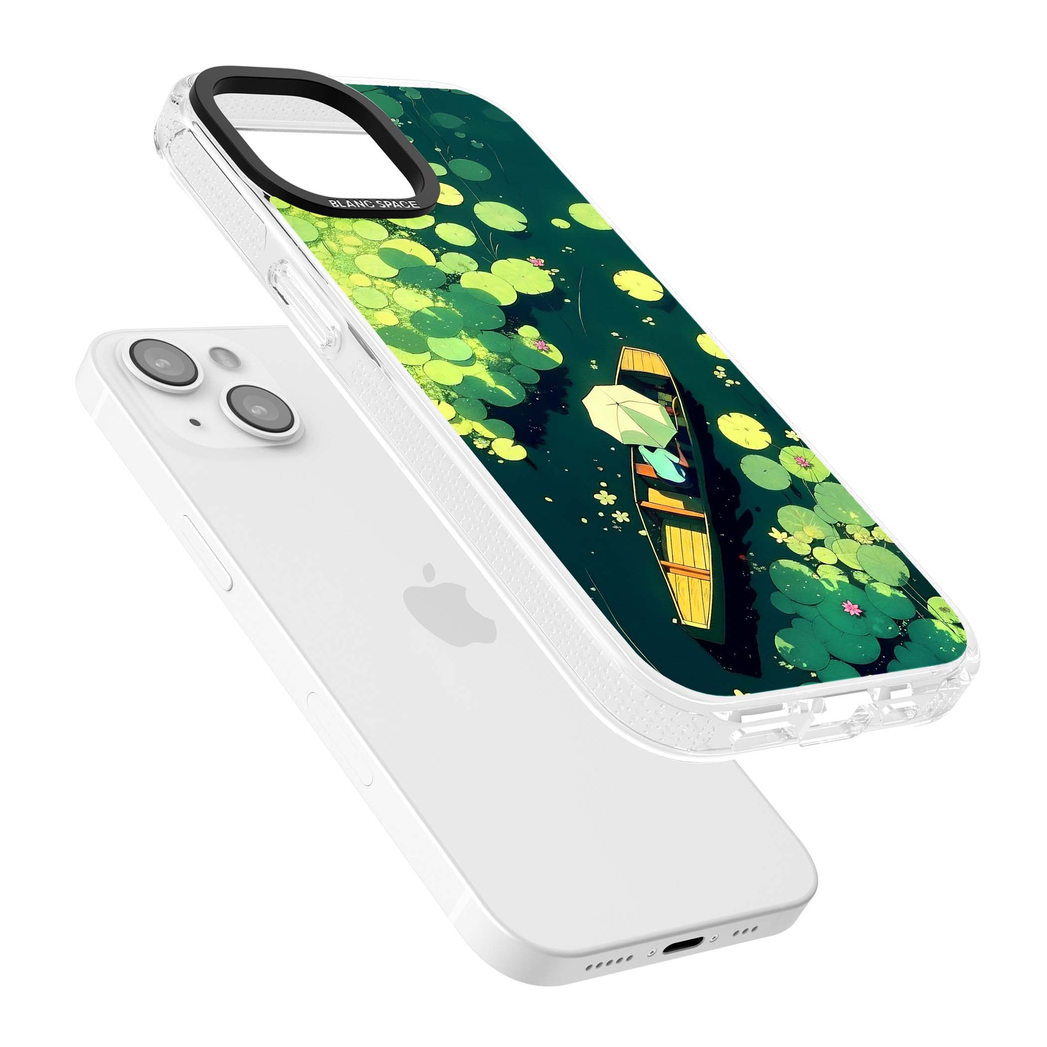 Jade Waters cottagecore iPhone case featuring a painted lily pond, wooden boat with parasol and floating water lilies | Clear Case Impact Air case for iPhone 15, iPhone 15 Plus