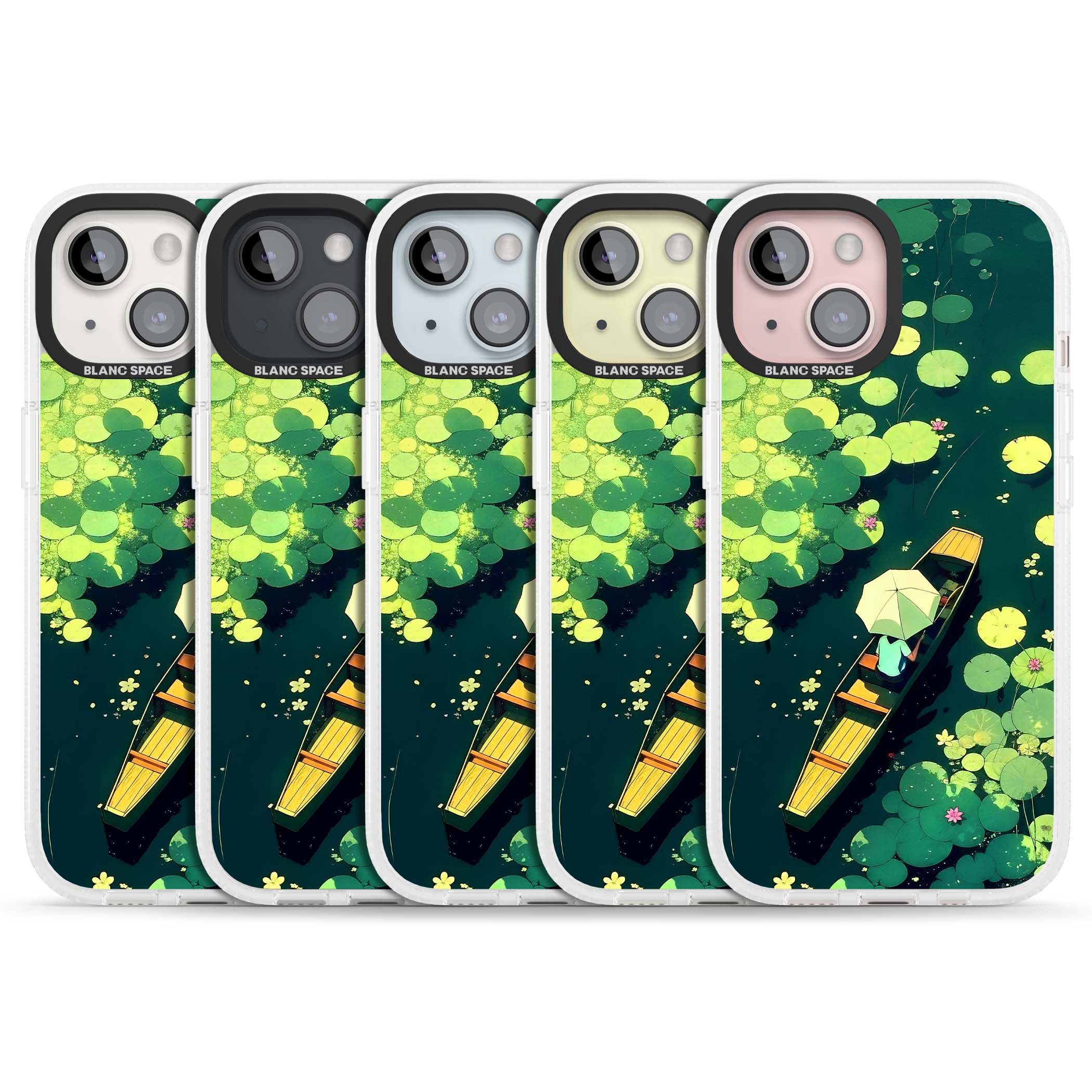 Jade Waters cottagecore iPhone case featuring a painted lily pond, wooden boat with parasol and floating water lilies | Clear Case Impact Air case for iPhone 15, iPhone 15 Plus