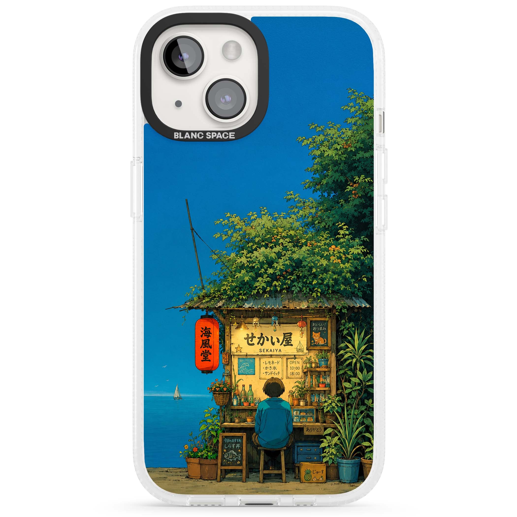 The Shirahama Kiosk anime iPhone case featuring a Japanese seaside shop, red paper lantern and ocean view | Clear Case Impact Air case for iPhone 15, iPhone 15 Plus