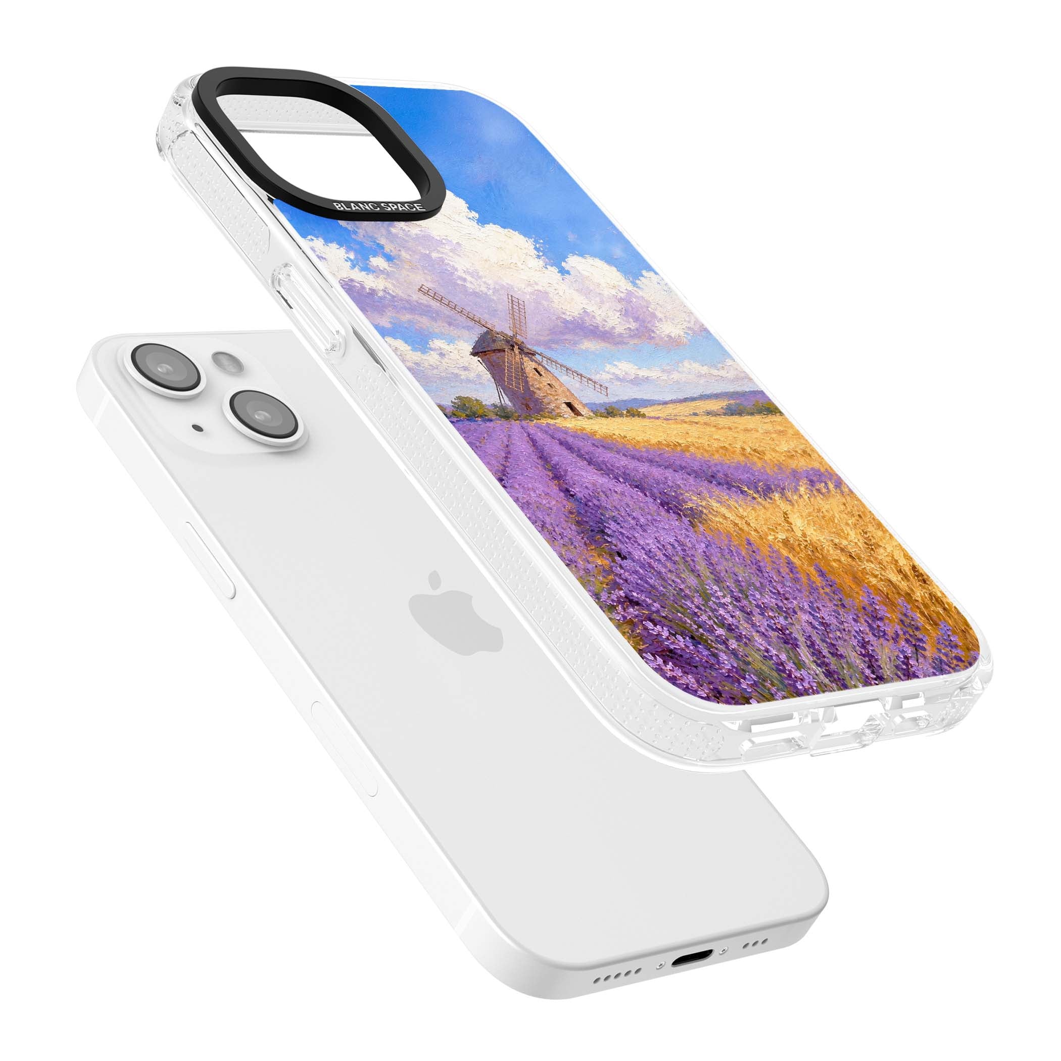 Lavender Mill cottagecore iPhone case featuring a French windmill, lavender field and golden wheat oil painting | Clear Case Impact Air case for iPhone 15, iPhone 15 Plus