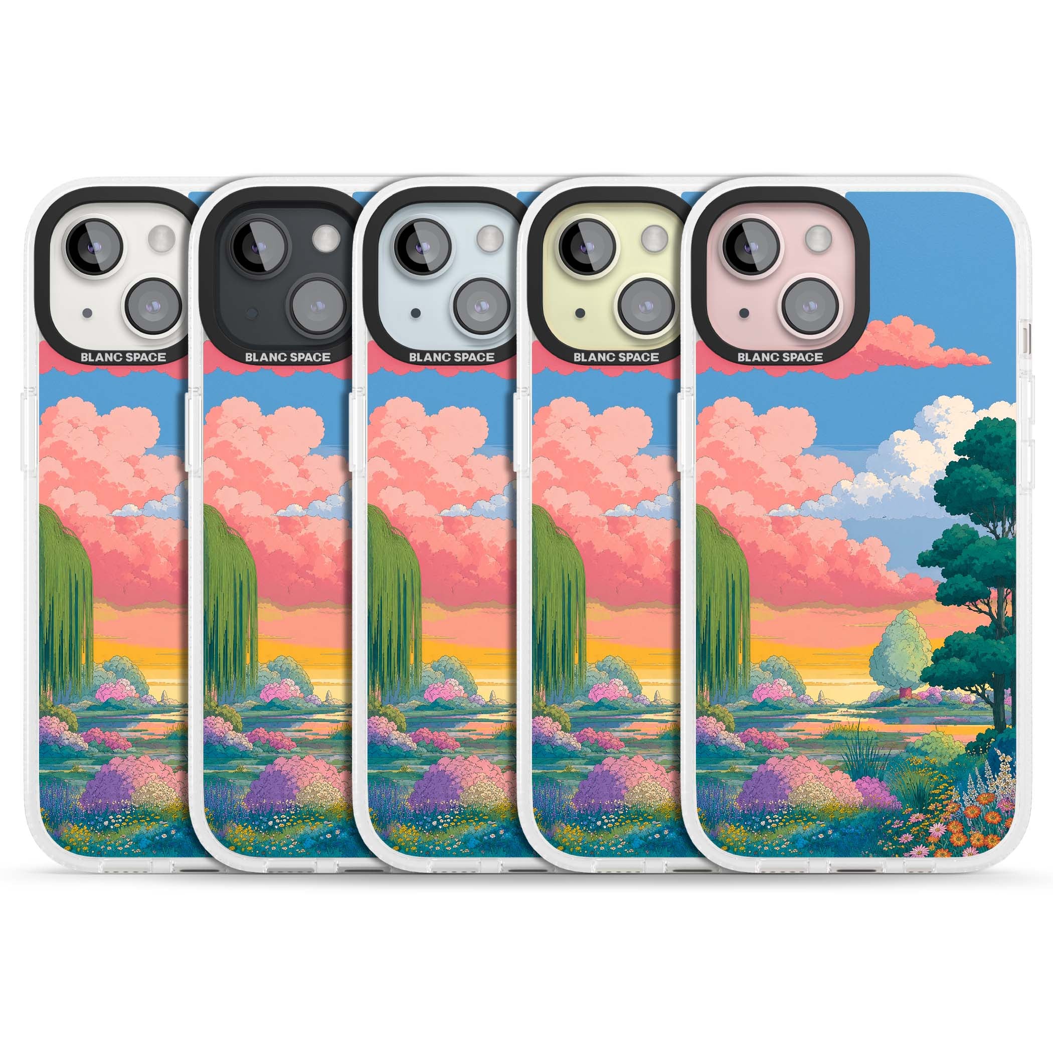 Dream Valley anime landscape iPhone case featuring pink sunset clouds, willow trees and wildflowers | Clear Case Impact Air case for iPhone 15, iPhone 15 Plus