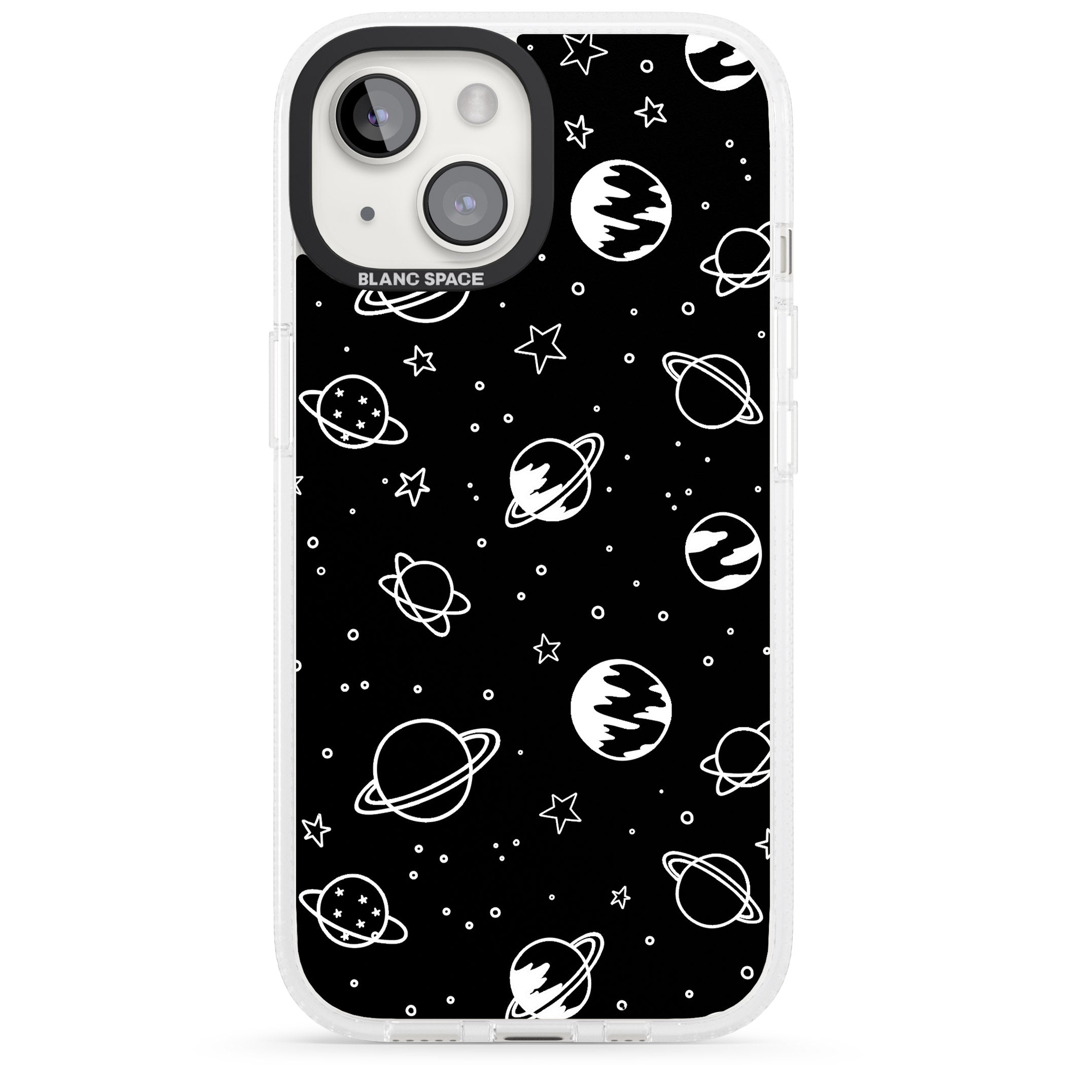 Cosmic Outer Space Design White on Black iPhone 15 / 14 / 13 Clear Case Impact Air - Blanc Space