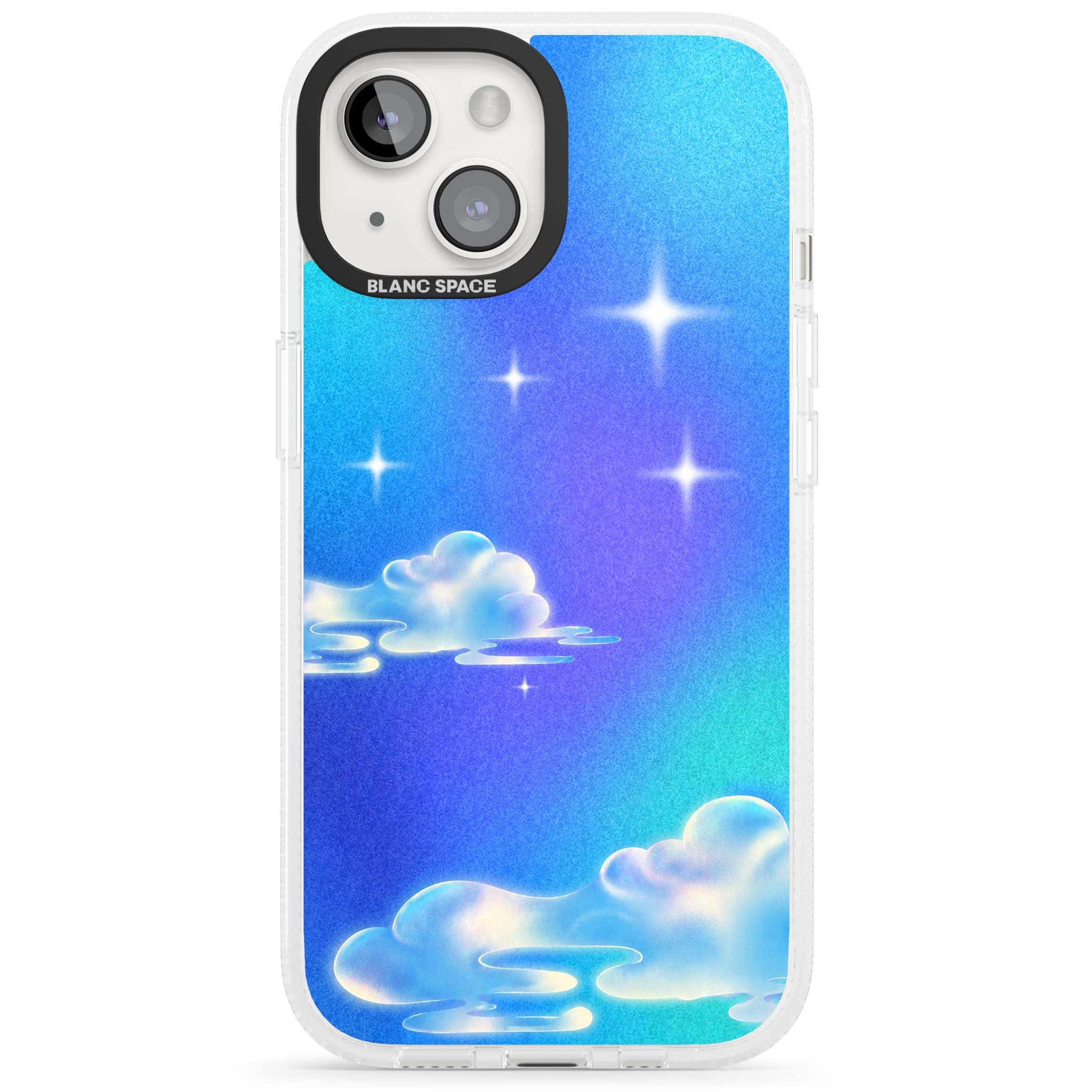 Aurora celestial iPhone case featuring dreamy iridescent clouds, sparkling stars and pastel blue purple sky | Clear Case Impact Air case for iPhone 15, iPhone 15 Plus