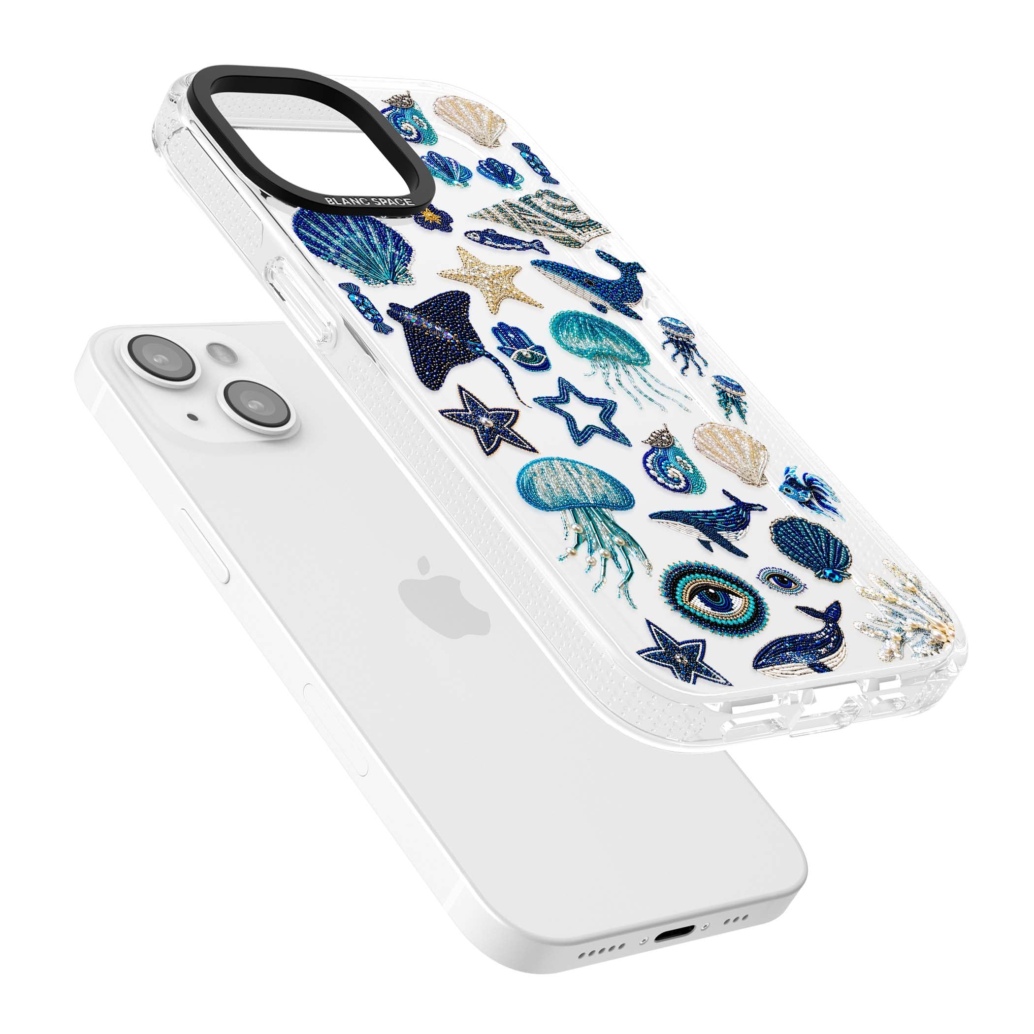Beaded Coastal coastal iPhone case featuring embroidered seashells, jellyfish and a blue whale on clear | Clear Case Impact Air case for iPhone 15, iPhone 15 Plus