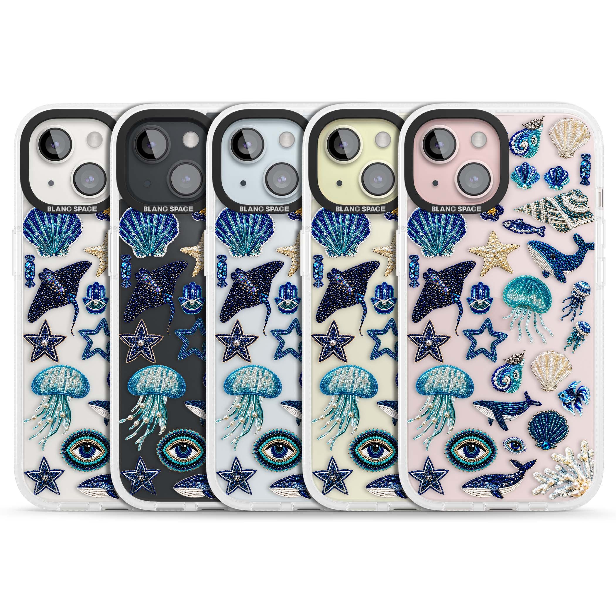 Beaded Coastal coastal iPhone case featuring embroidered seashells, jellyfish and a blue whale on clear | Clear Case Impact Air case for iPhone 15, iPhone 15 Plus