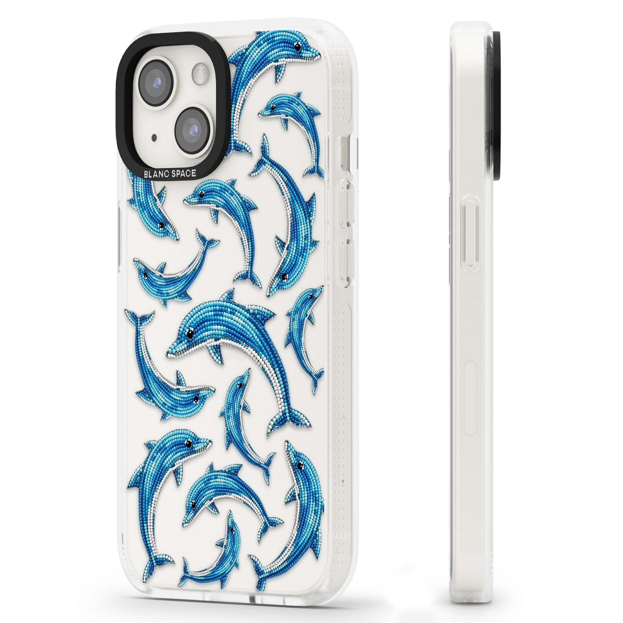 Beaded Dolphins coastal iPhone case featuring beaded dolphins in blue and white swimming across a clear background | Clear Case Impact Air case for iPhone 15, iPhone 15 Plus