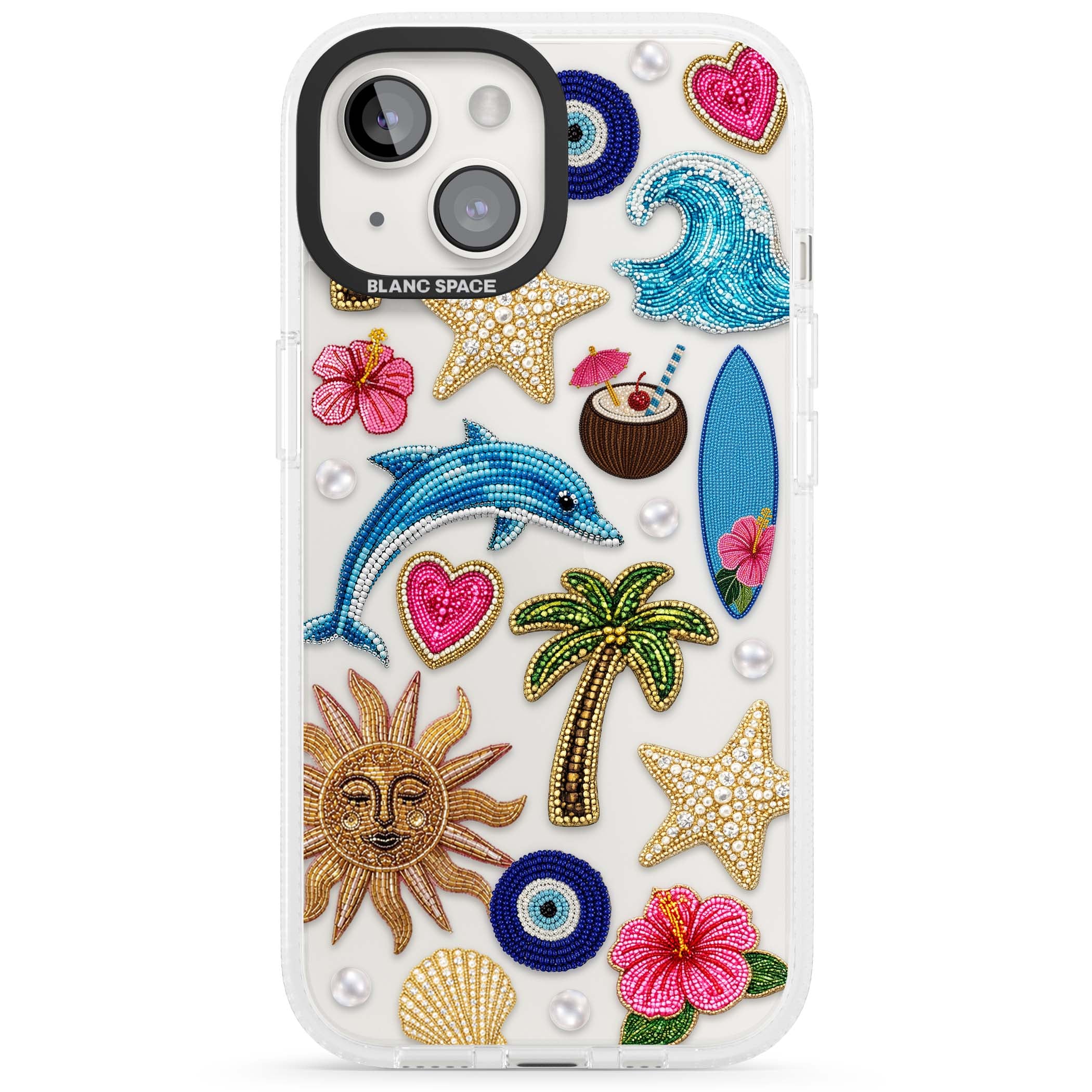 Beaded Beach coastal summer iPhone case featuring embroidered evil eye, hibiscus flowers, dolphin and palm tree patches | Clear Case Impact Air case for iPhone 15, iPhone 15 Plus