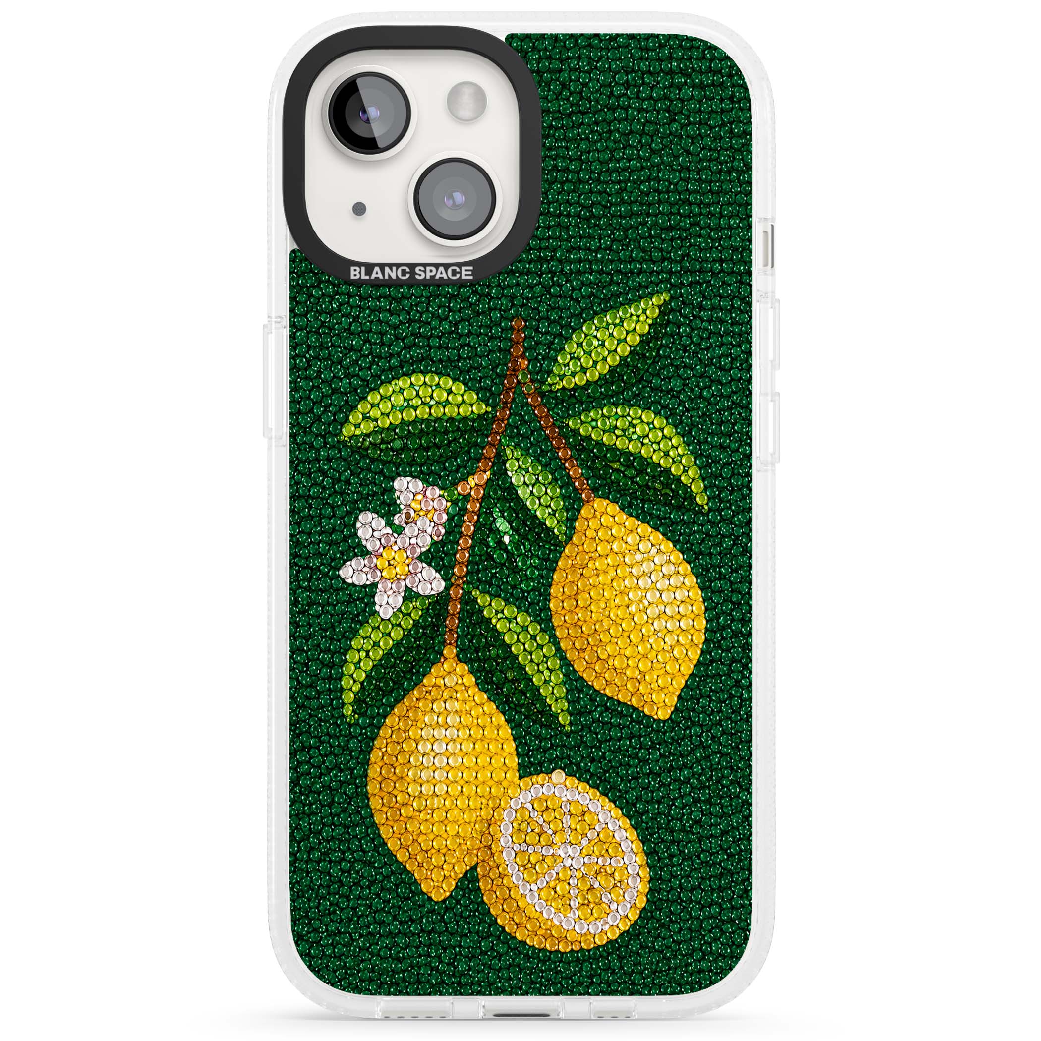 Beaded Lemons coastal iPhone case featuring crystal-beaded lemons, citrus blossom and green leaves on emerald ground | Clear Case Impact Air case for iPhone 15, iPhone 15 Plus