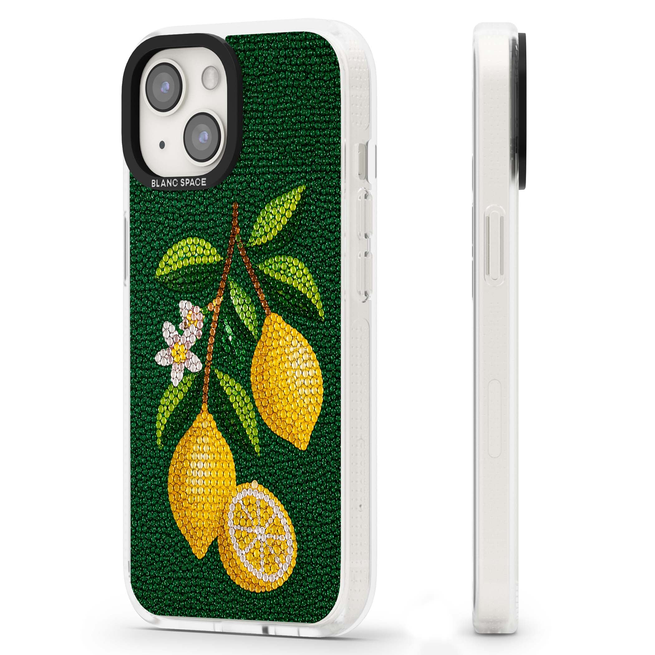 Beaded Lemons coastal iPhone case featuring crystal-beaded lemons, citrus blossom and green leaves on emerald ground | Clear Case Impact Air case for iPhone 15, iPhone 15 Plus