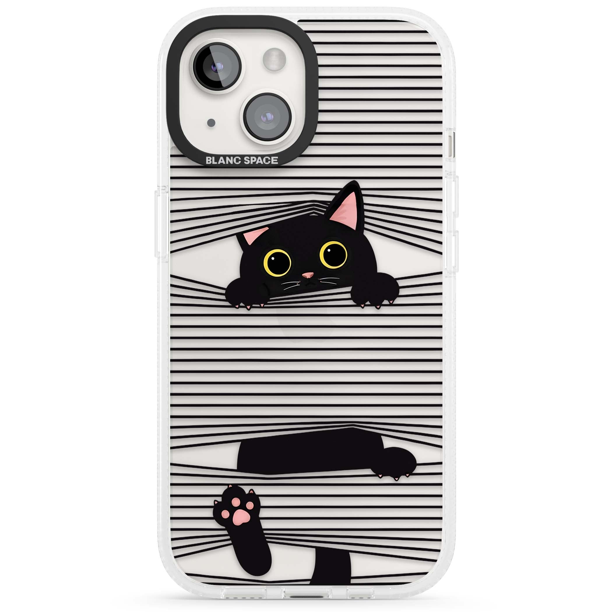 Peek-a-Boo Cat minimal iPhone case featuring black cat peeking through horizontal black and white stripes | Clear Case Impact Air case for iPhone 15, iPhone 15 Plus