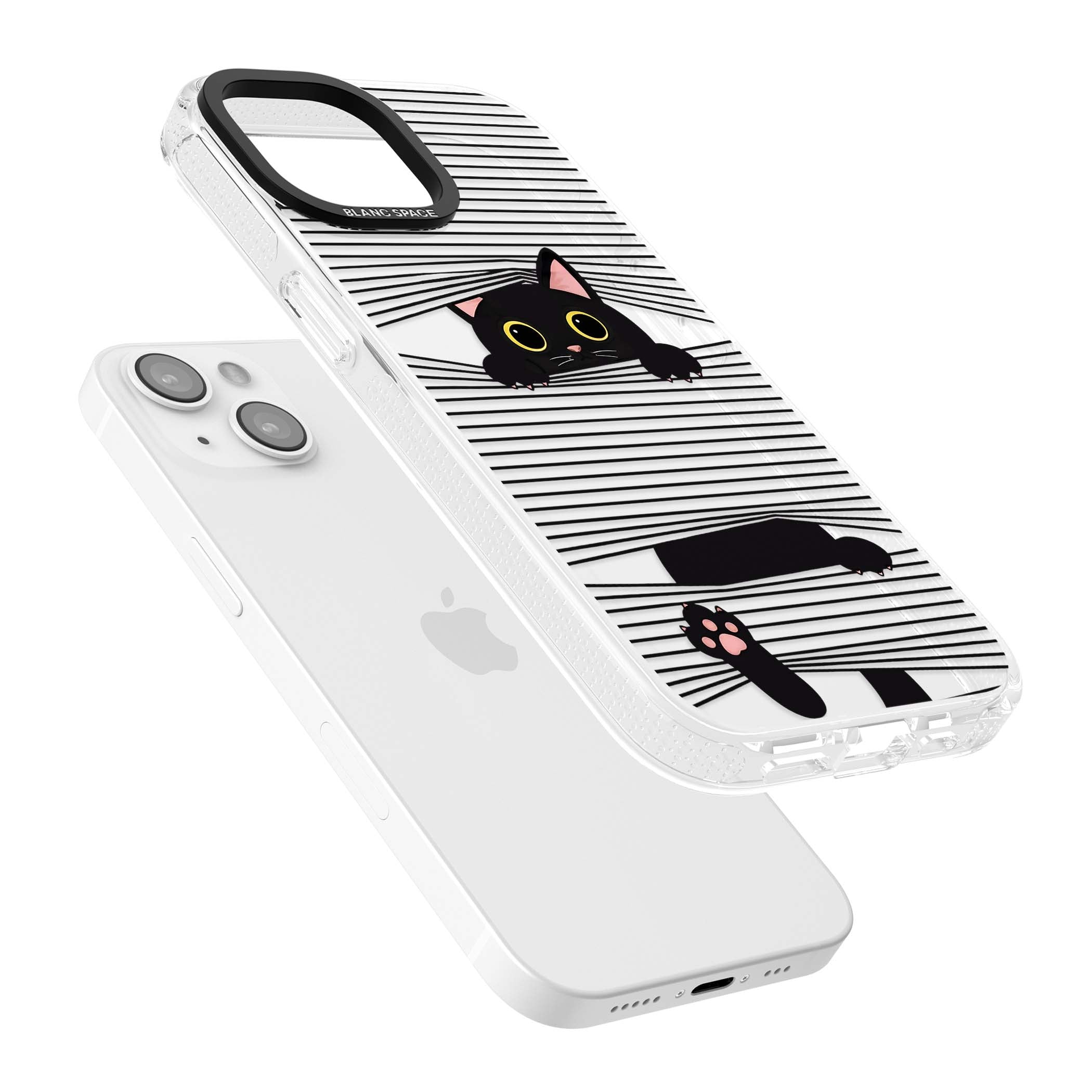 Peek-a-Boo Cat minimal iPhone case featuring black cat peeking through horizontal black and white stripes | Clear Case Impact Air case for iPhone 15, iPhone 15 Plus