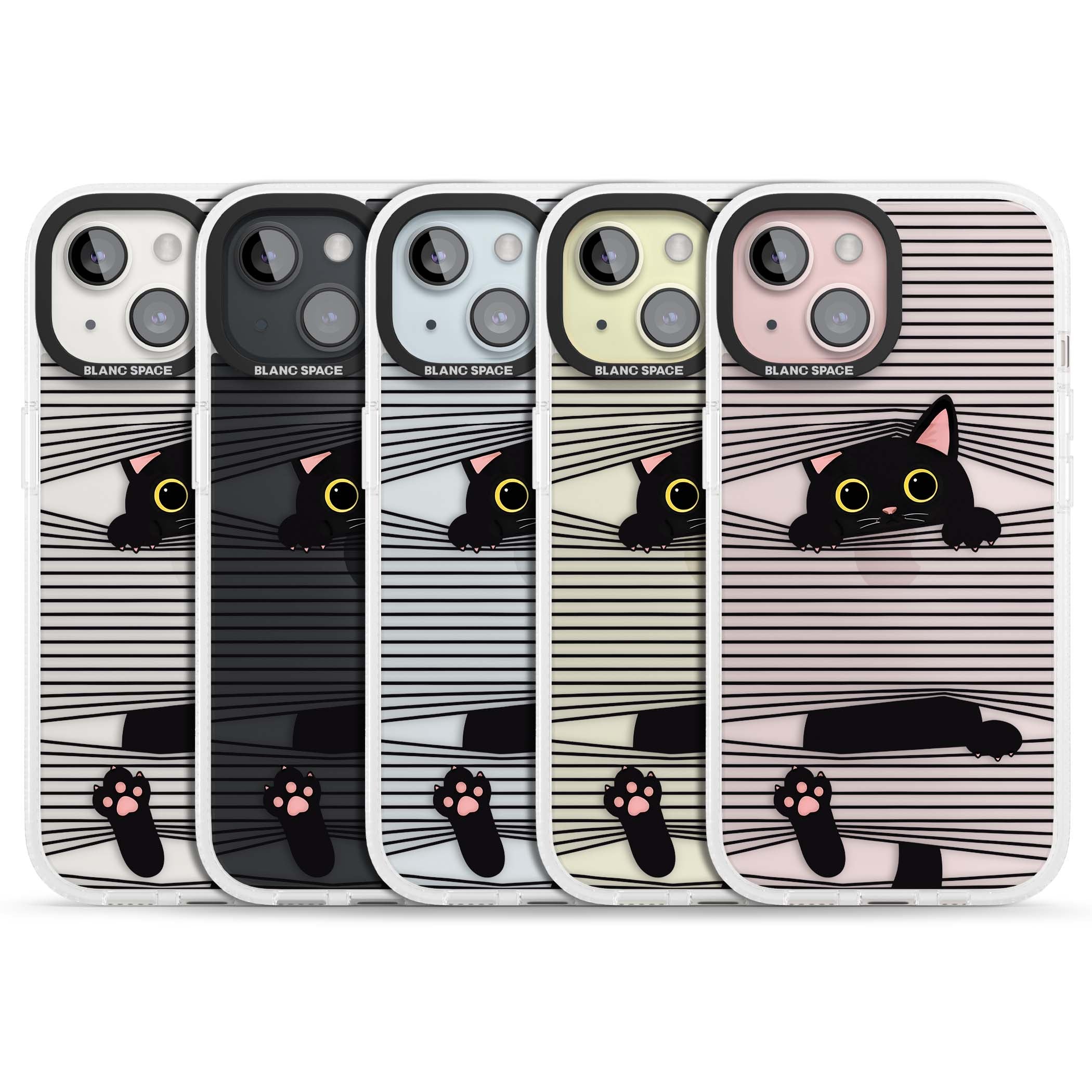 Peek-a-Boo Cat minimal iPhone case featuring black cat peeking through horizontal black and white stripes | Clear Case Impact Air case for iPhone 15, iPhone 15 Plus