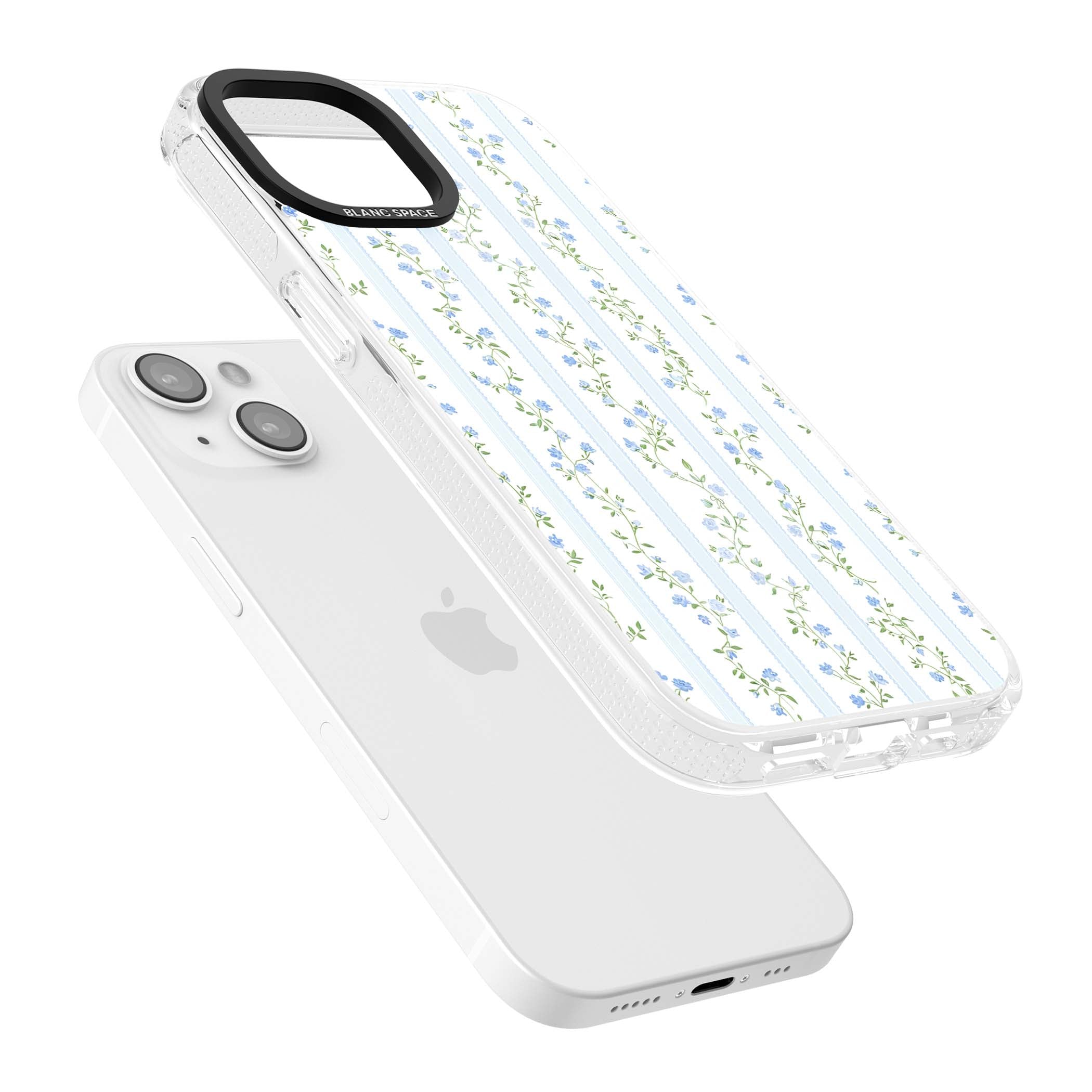 Bluebell Vine cottagecore iPhone case featuring climbing blue roses, trailing green vines, and pale ticking stripes | Clear Case Impact Air case for iPhone 15, iPhone 15 Plus