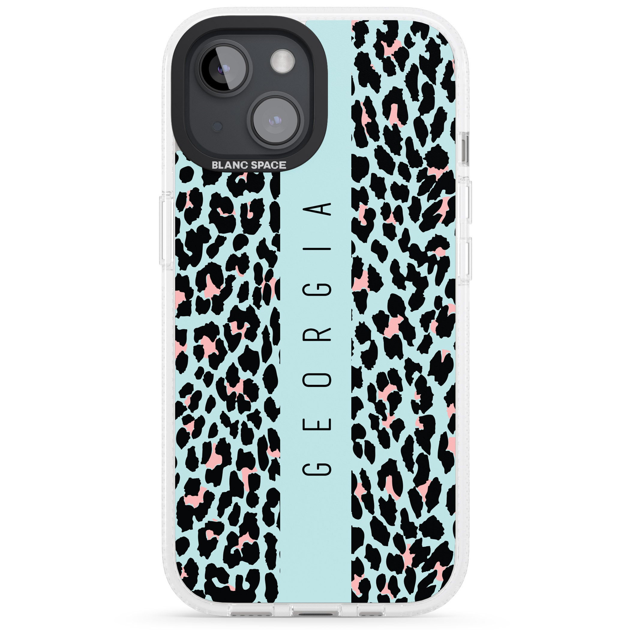 Personalised Blue Leopard Spots iPhone 15 / 14 / 13 Clear Case Impact Air - Blanc Space