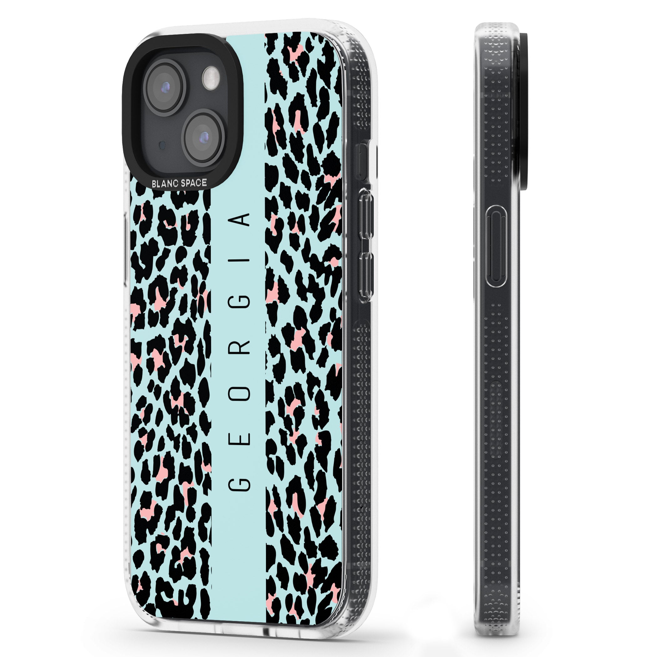 Personalised Blue Leopard Spots iPhone 15 / 14 / 13 Clear Case Impact Air - Blanc Space