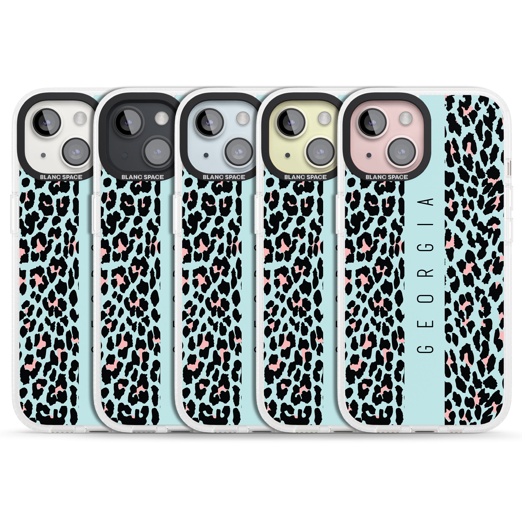 Personalised Blue Leopard Spots iPhone 15 / 14 / 13 Clear Case Impact Air - Blanc Space