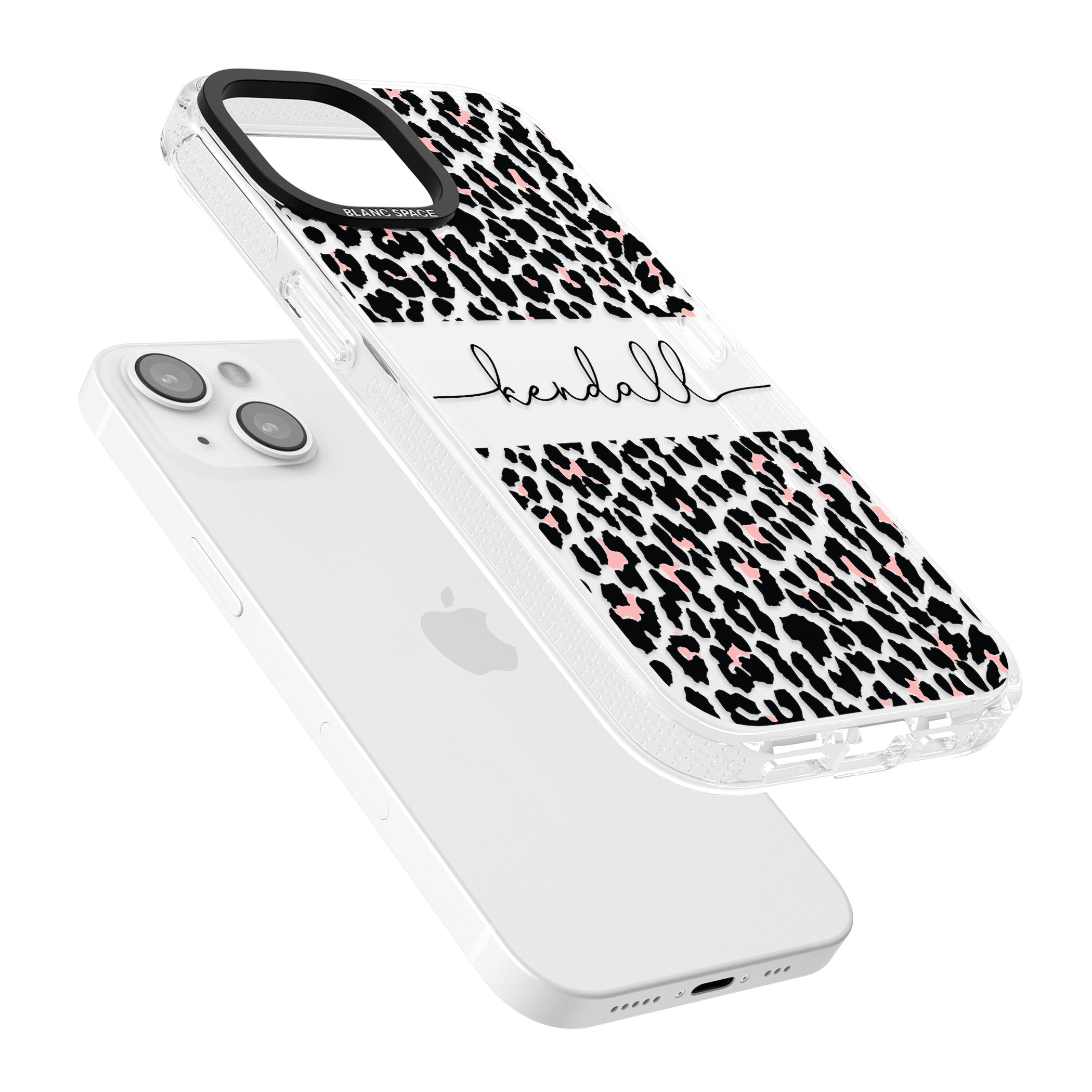 Personalised Pink & Cursive Leopard Spots iPhone 15 / 14 / 13 Clear Case Impact Air - Blanc Space