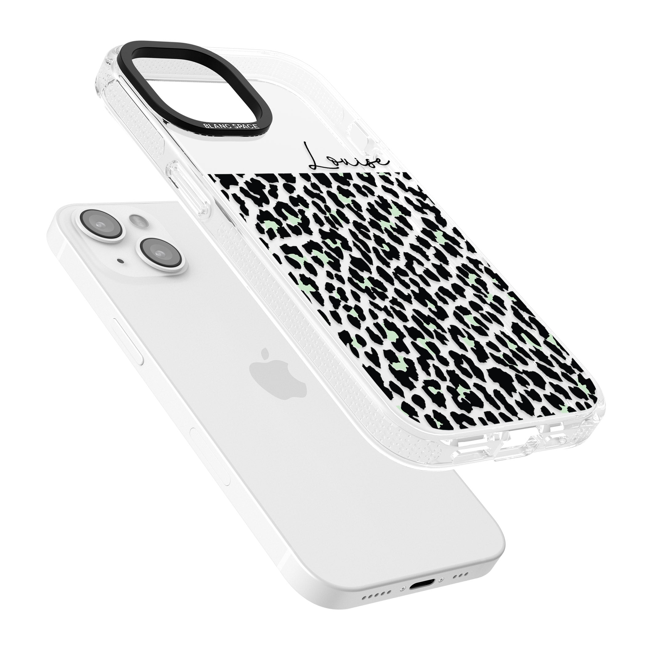 Personalised Seafoam Green & Cursive Leopard Spots iPhone 15 / 14 / 13 Clear Case Impact Air - Blanc Space