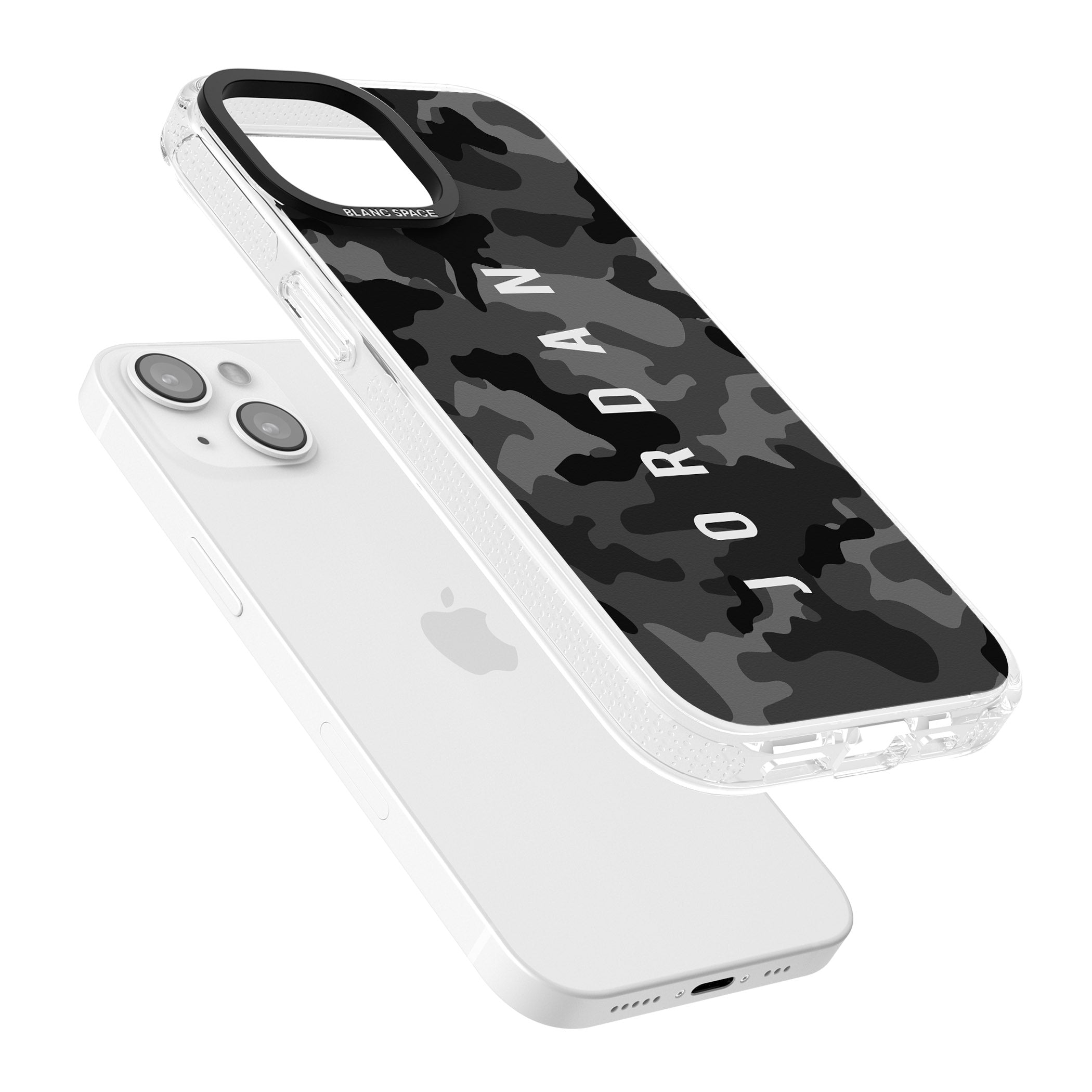 Personalised Small Vertical Name Black Camouflage iPhone 15 / 14 / 13 Clear Case Impact Air - Blanc Space