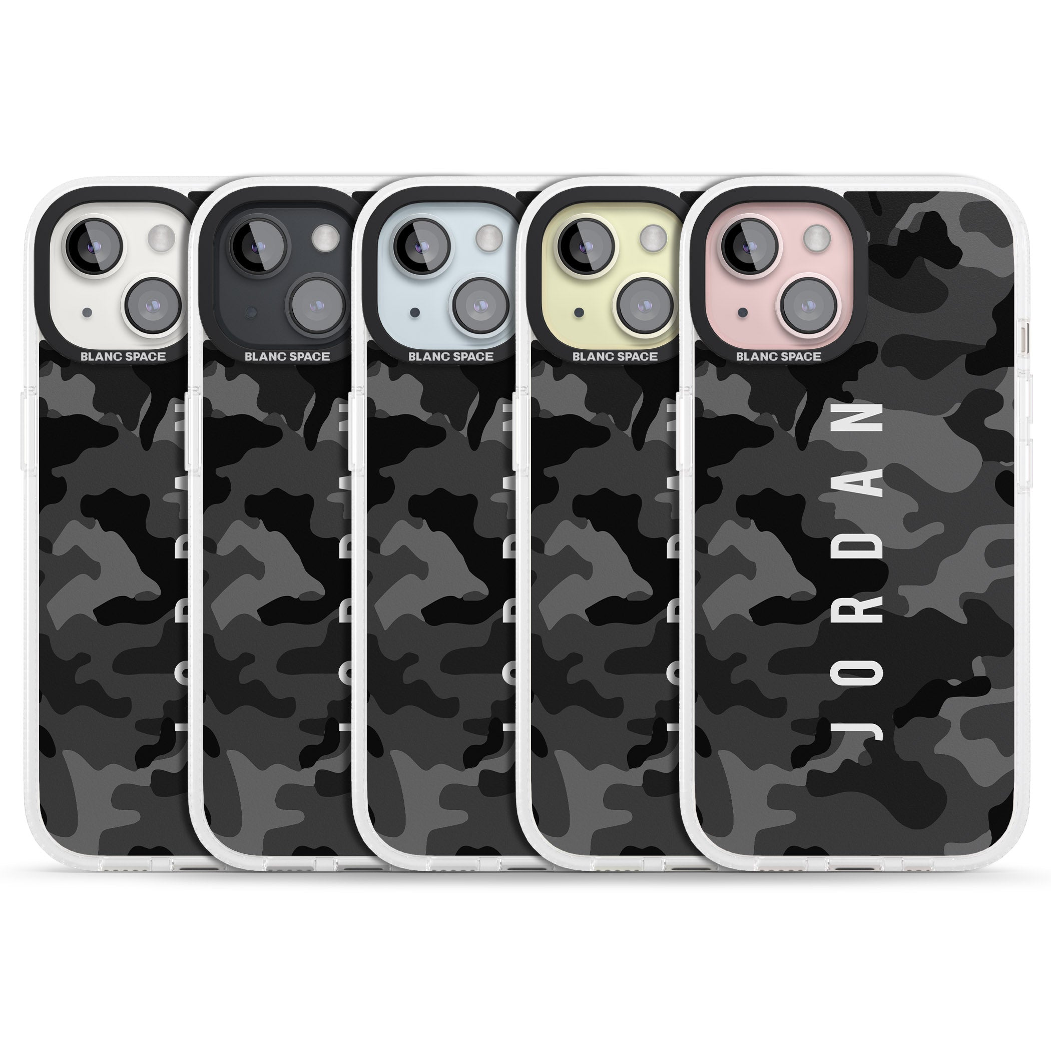 Personalised Small Vertical Name Black Camouflage iPhone 15 / 14 / 13 Clear Case Impact Air - Blanc Space