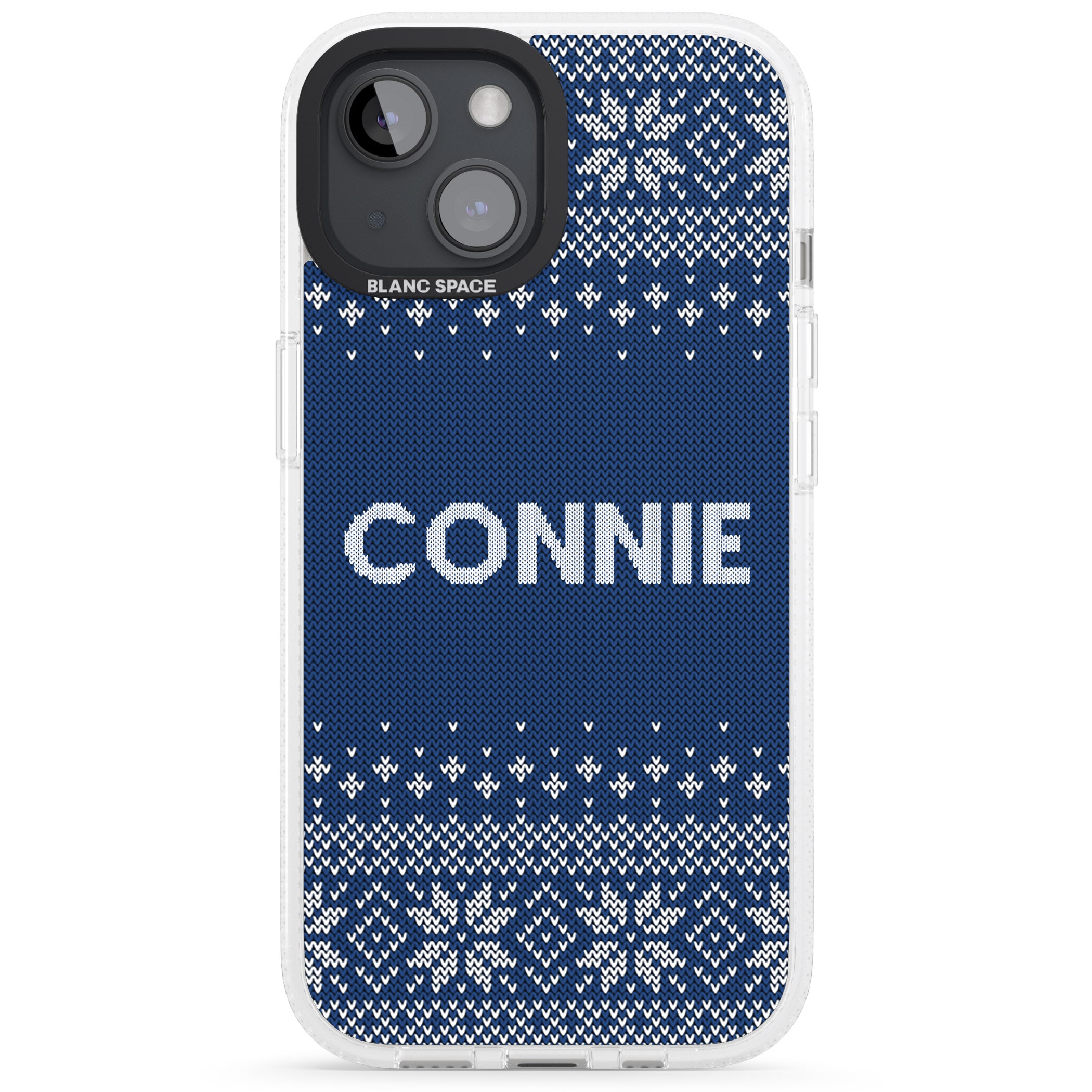 Personalised Blue Christmas Knitted Jumper iPhone 15 / 14 / 13 Clear Case Impact Air - Blanc Space
