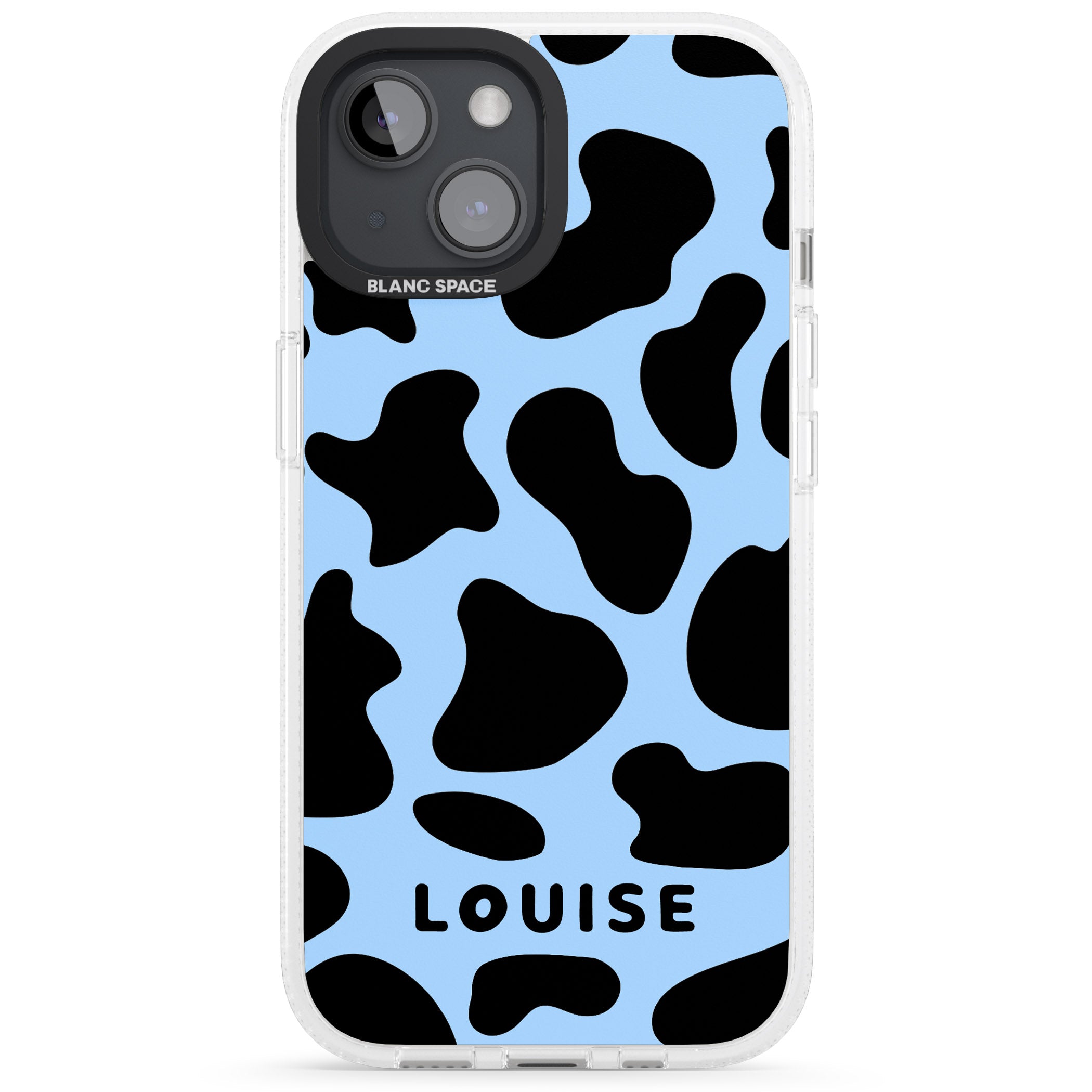 Personalised Blue and Black Cow Print iPhone 15 / 14 / 13 Clear Case Impact Air - Blanc Space
