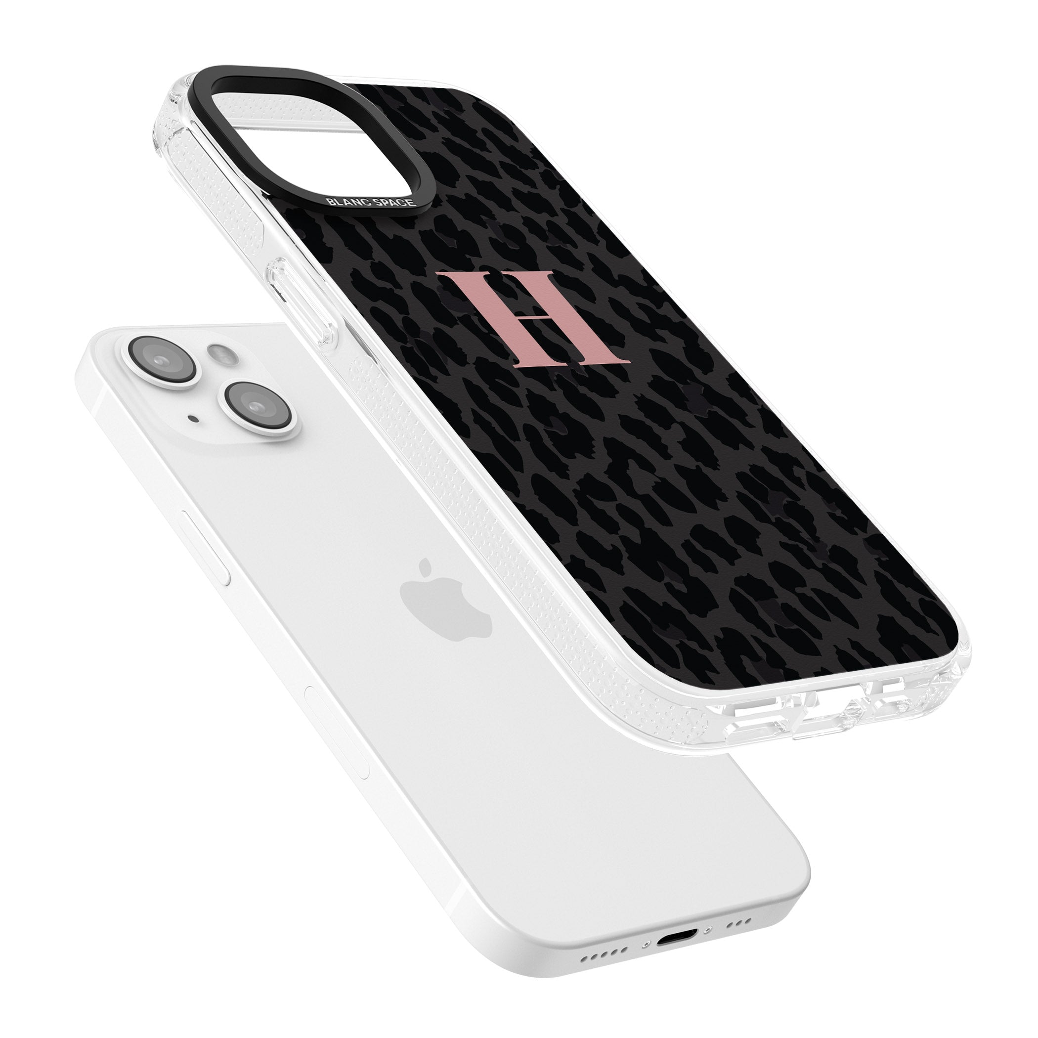 Personalised Small Pink Leopard Monogram iPhone 15 / 14 / 13 Clear Case Impact Air - Blanc Space