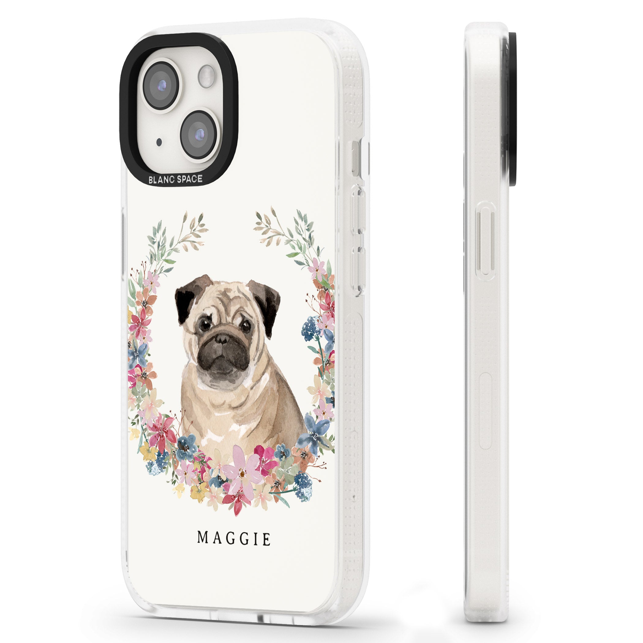 Personalised Pug - Watercolour Dog Portrait iPhone 15 / 14 / 13 Clear Case Impact Air - Blanc Space